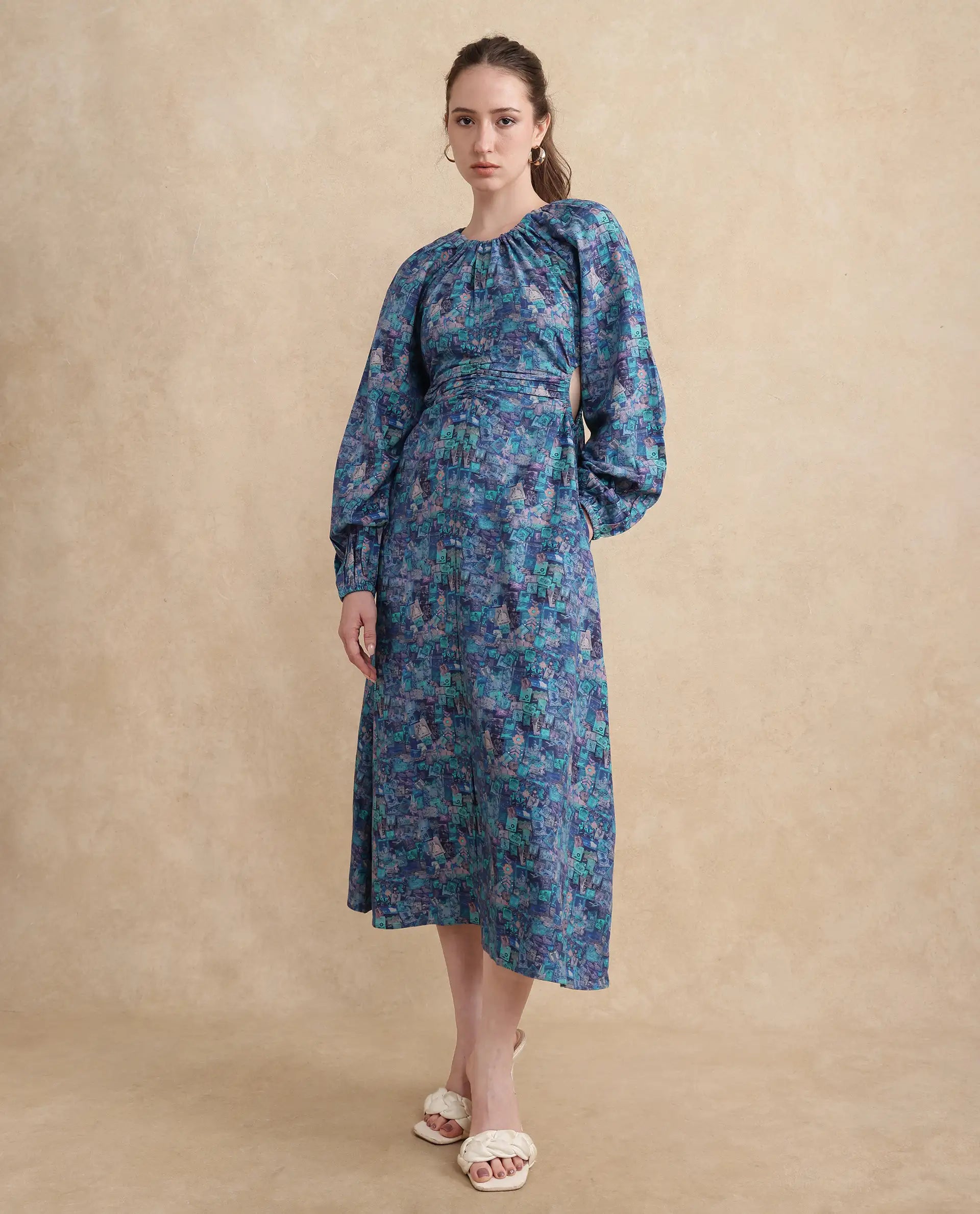 Rareism Women Gilf Blue Maxi Round Neck A-Line Maxi Object Print Dress