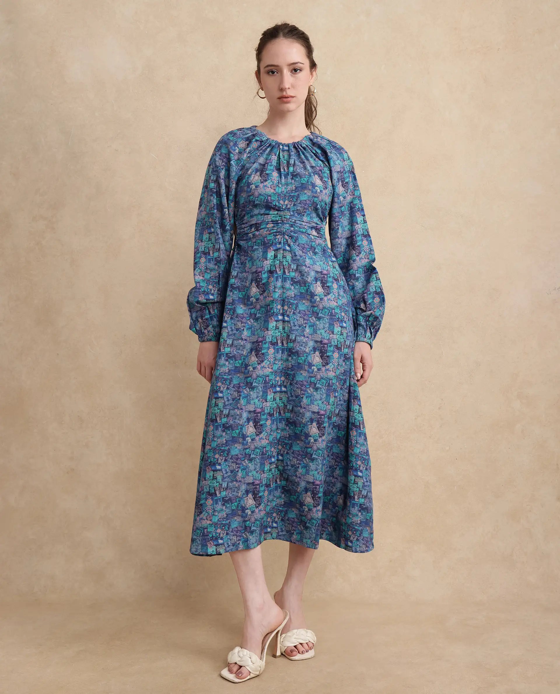 Rareism Women Gilf Blue Maxi Round Neck A-Line Maxi Object Print Dress