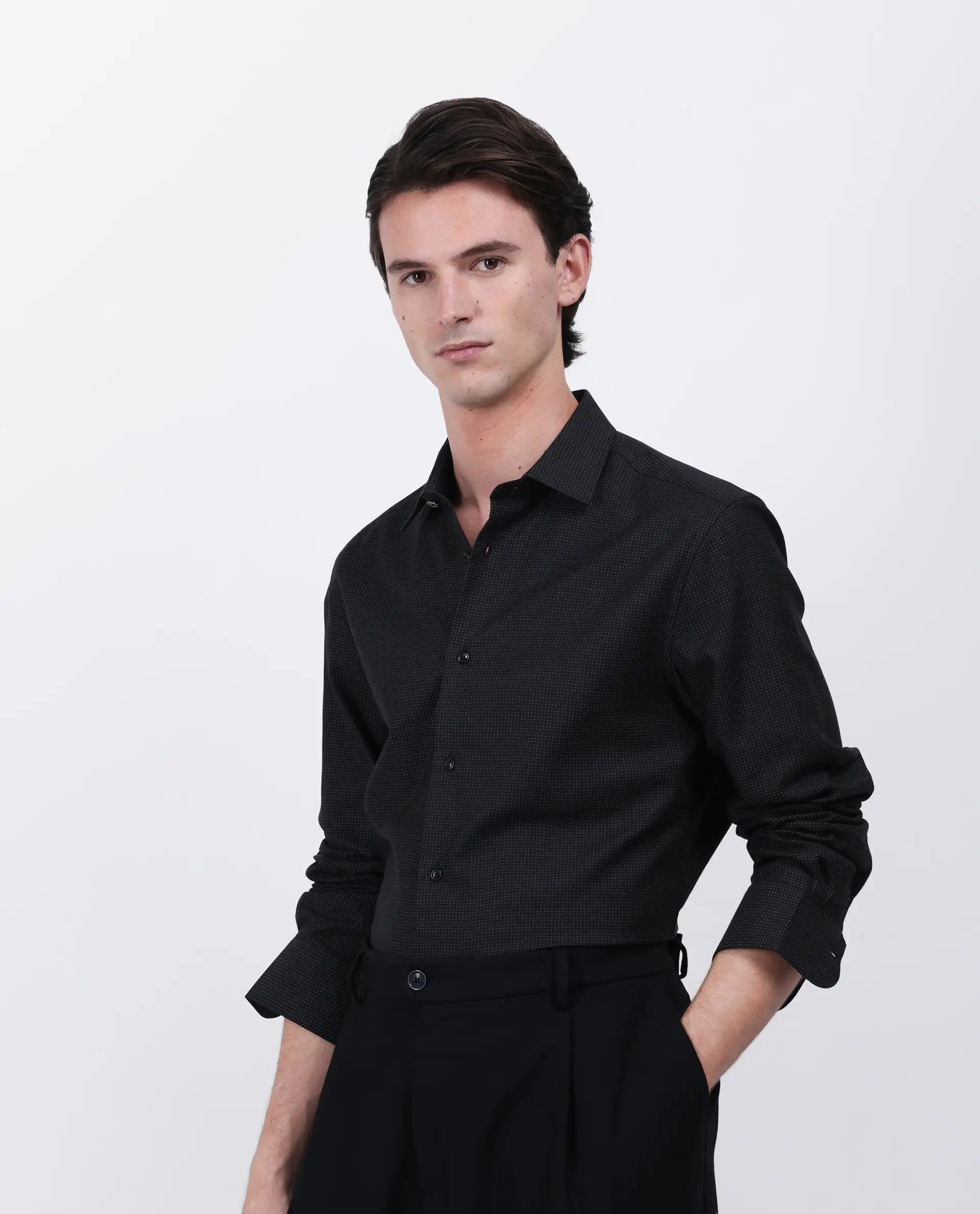 Rare Rabbit Men's Gilk Black Viscose Blend Polka Print Regular Fit Full Sleeve Collared Shirt