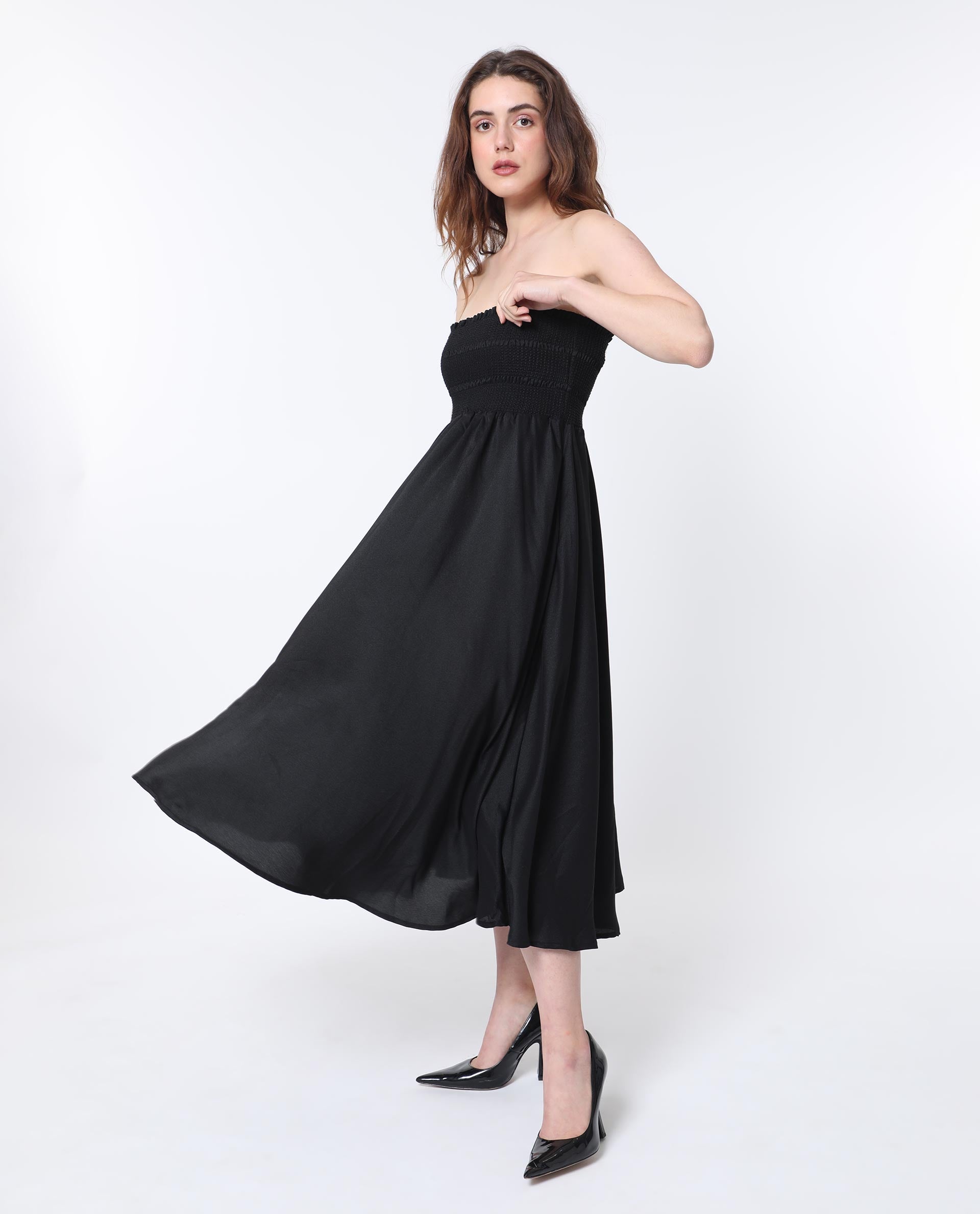 Rareism Women Gimpel Black Viscose Nylon Fabric Sleeveless Shoulder Straps Fit And Flare Plain Maxi Empire Dress