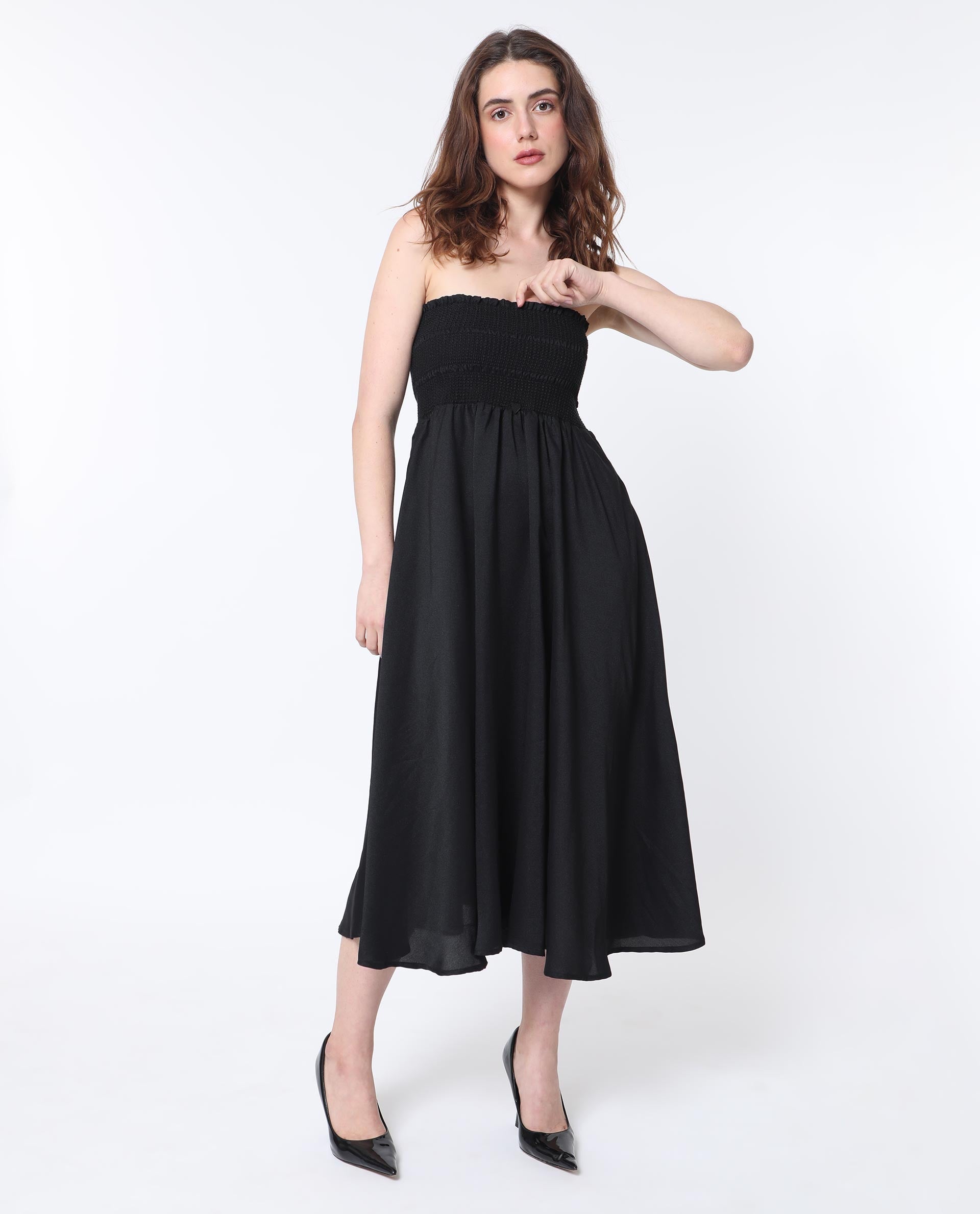 Rareism Women Gimpel Black Viscose Nylon Fabric Sleeveless Shoulder Straps Fit And Flare Plain Maxi Empire Dress