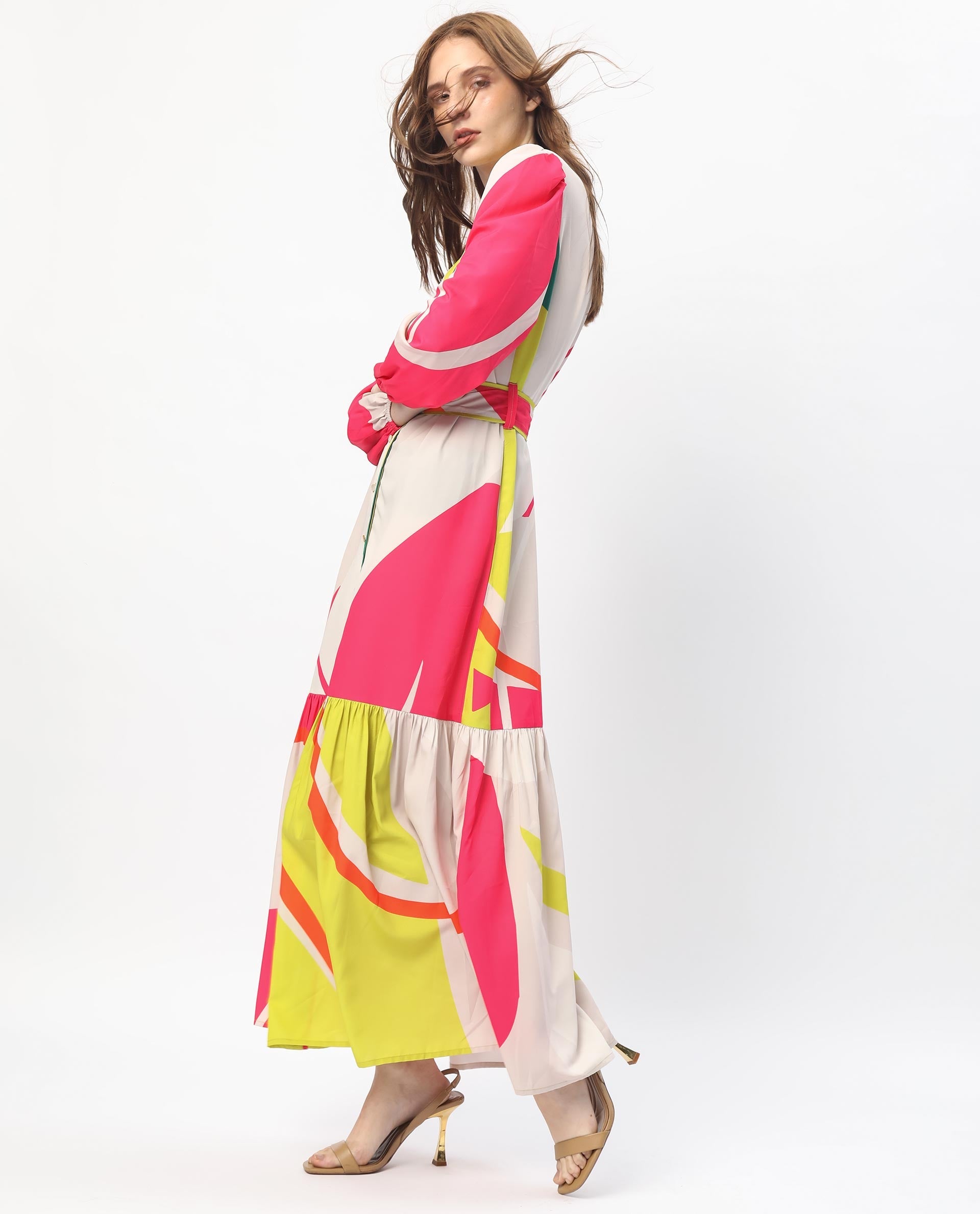 Rareism Women Gini Light Beige Polyester Fabric Full Sleeves Button Closure V-Neck Balloon Sleeve Regular Fit Abstract Print Maxi Tiered Dress