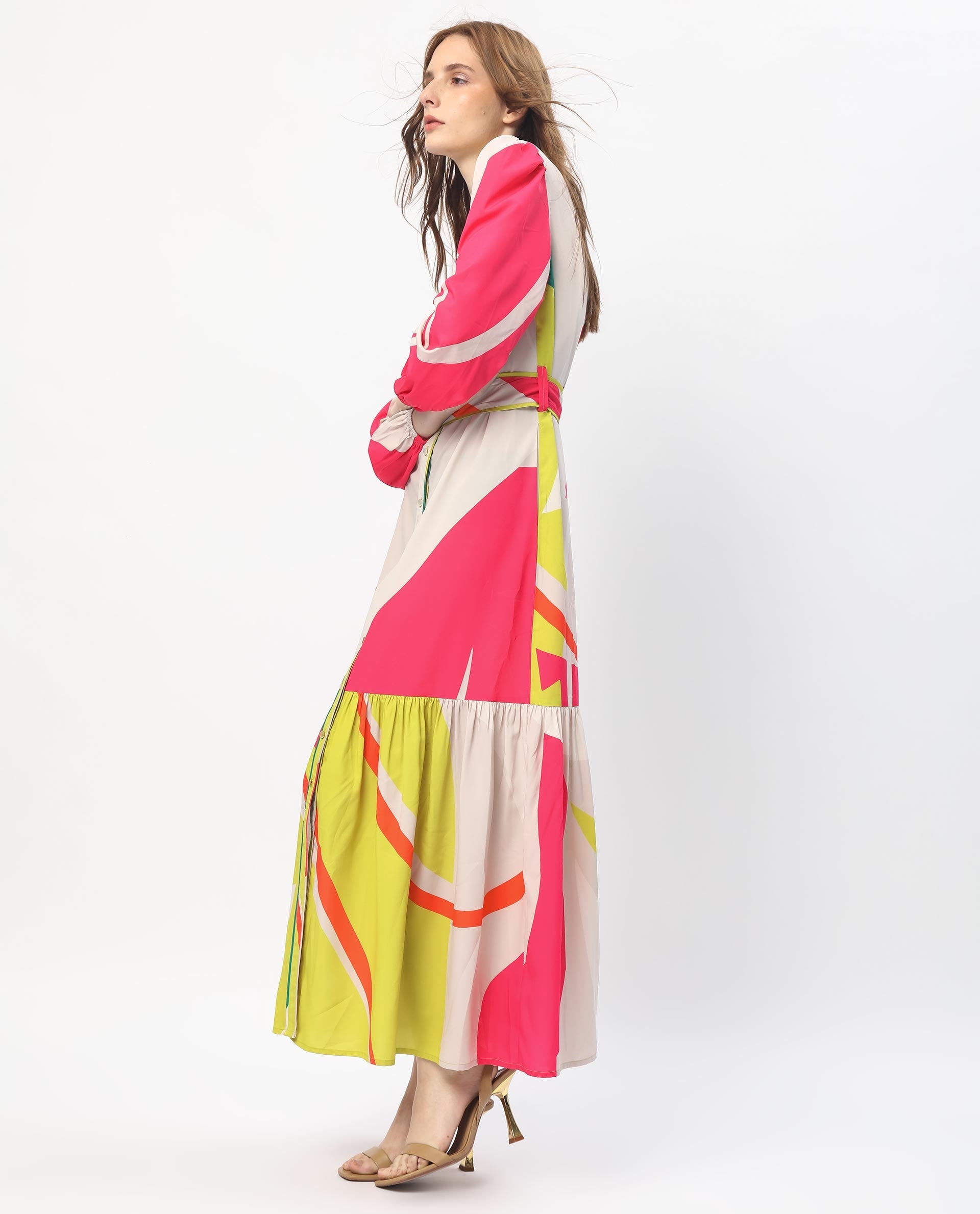 Rareism Women Gini Light Beige Polyester Fabric Full Sleeves Button Closure V-Neck Balloon Sleeve Regular Fit Abstract Print Maxi Tiered Dress