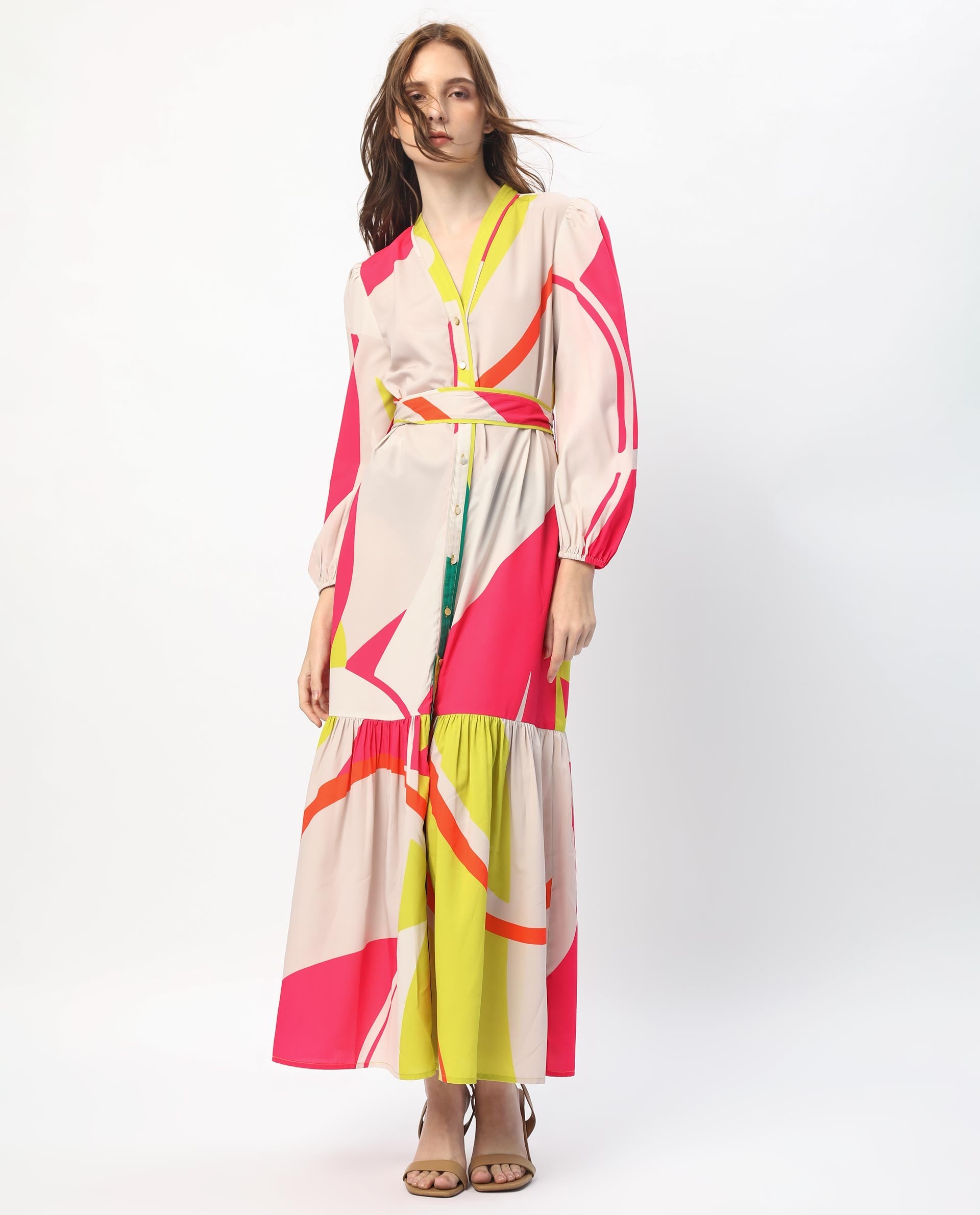 Rareism Women Gini Light Beige Polyester Fabric Full Sleeves Button Closure V-Neck Balloon Sleeve Regular Fit Abstract Print Maxi Tiered Dress