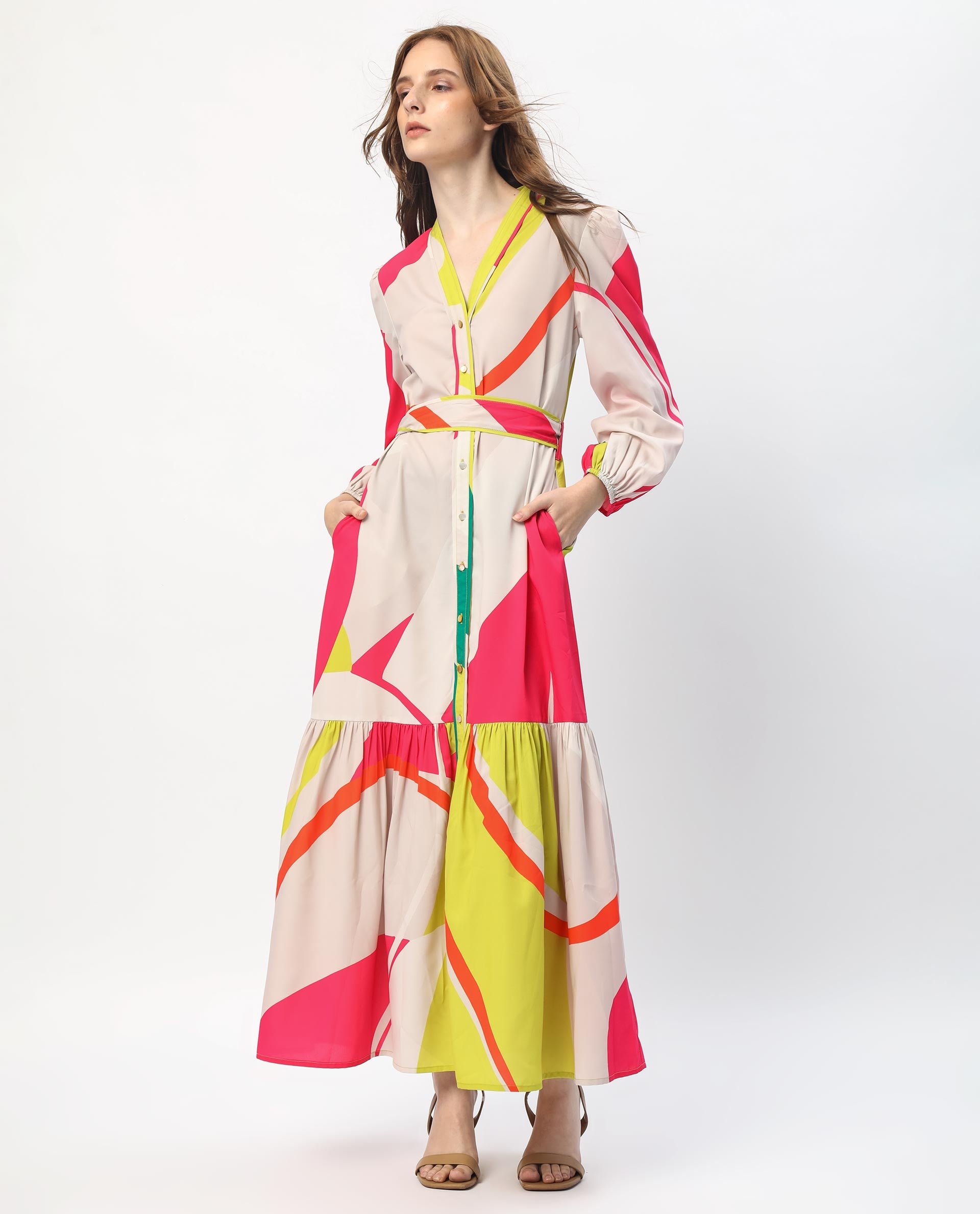 Rareism Women Gini Light Beige Polyester Fabric Full Sleeves Button Closure V-Neck Balloon Sleeve Regular Fit Abstract Print Maxi Tiered Dress