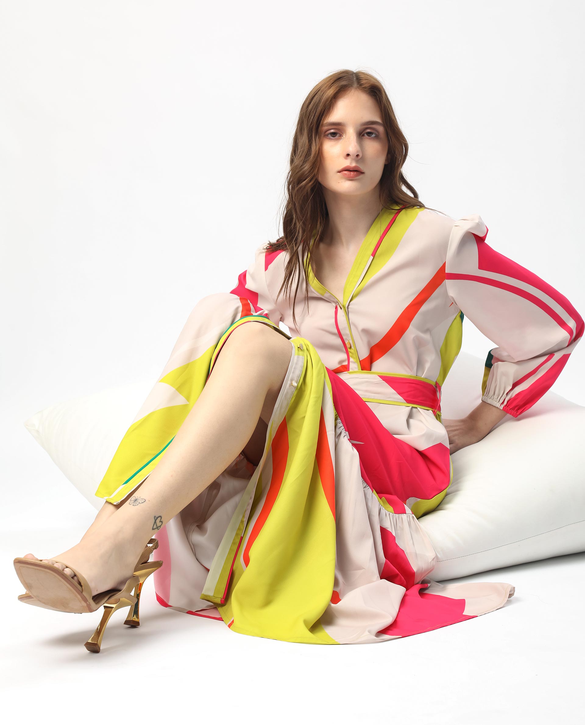 Rareism Women Gini Light Beige Polyester Fabric Full Sleeves Button Closure V-Neck Balloon Sleeve Regular Fit Abstract Print Maxi Tiered Dress