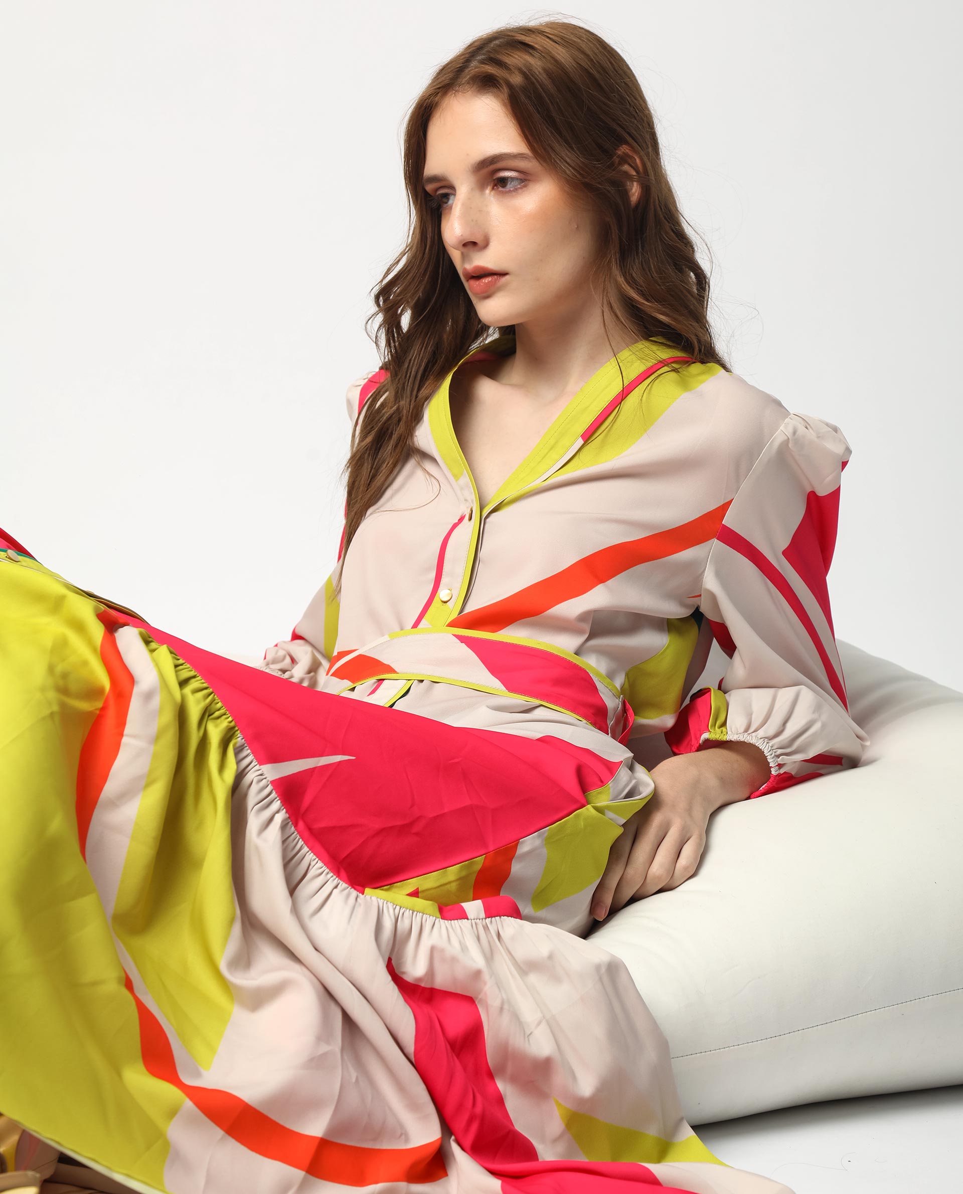 Rareism Women Gini Light Beige Polyester Fabric Full Sleeves Button Closure V-Neck Balloon Sleeve Regular Fit Abstract Print Maxi Tiered Dress