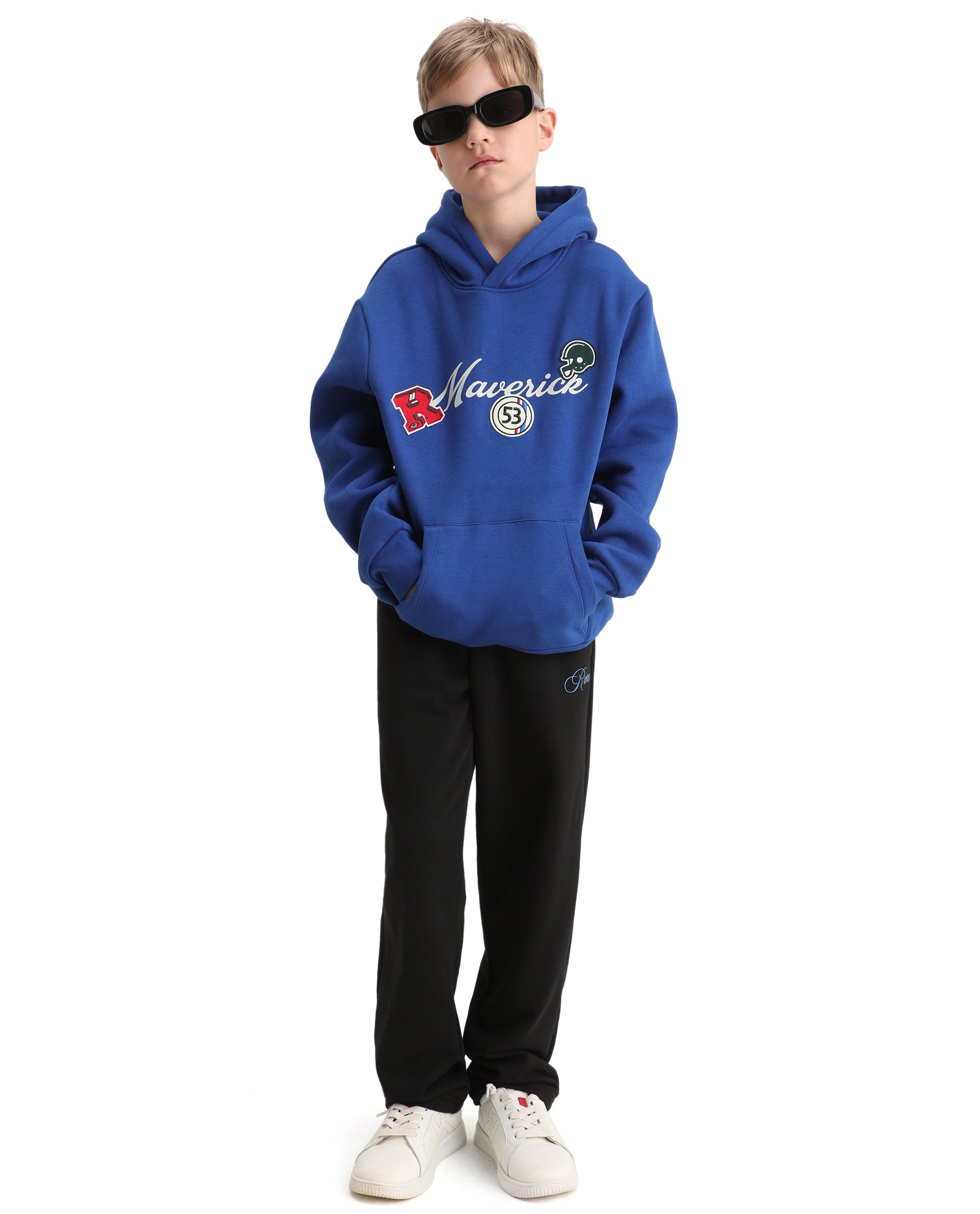 Rare Ones Kids Gino Dark Blue Cotton Blend Hooded Typography Oversized Sweatshirt