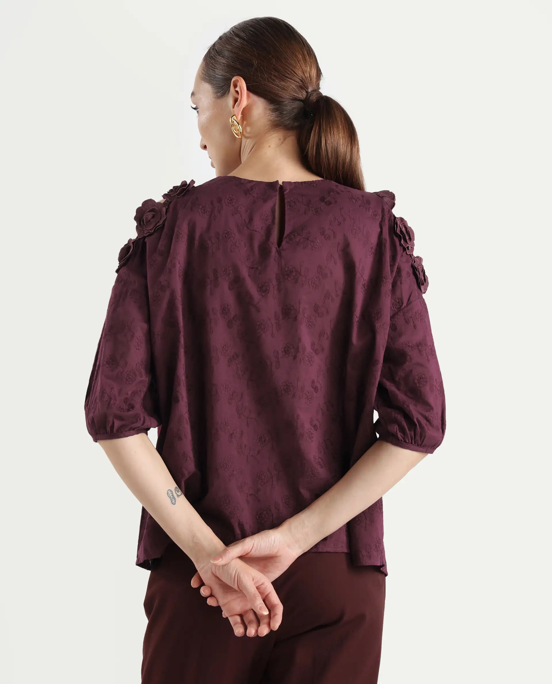 Rareism Women's Gips Red Cotton Crew Neck Plain Balloon Sleeve Relaxed Fit Top