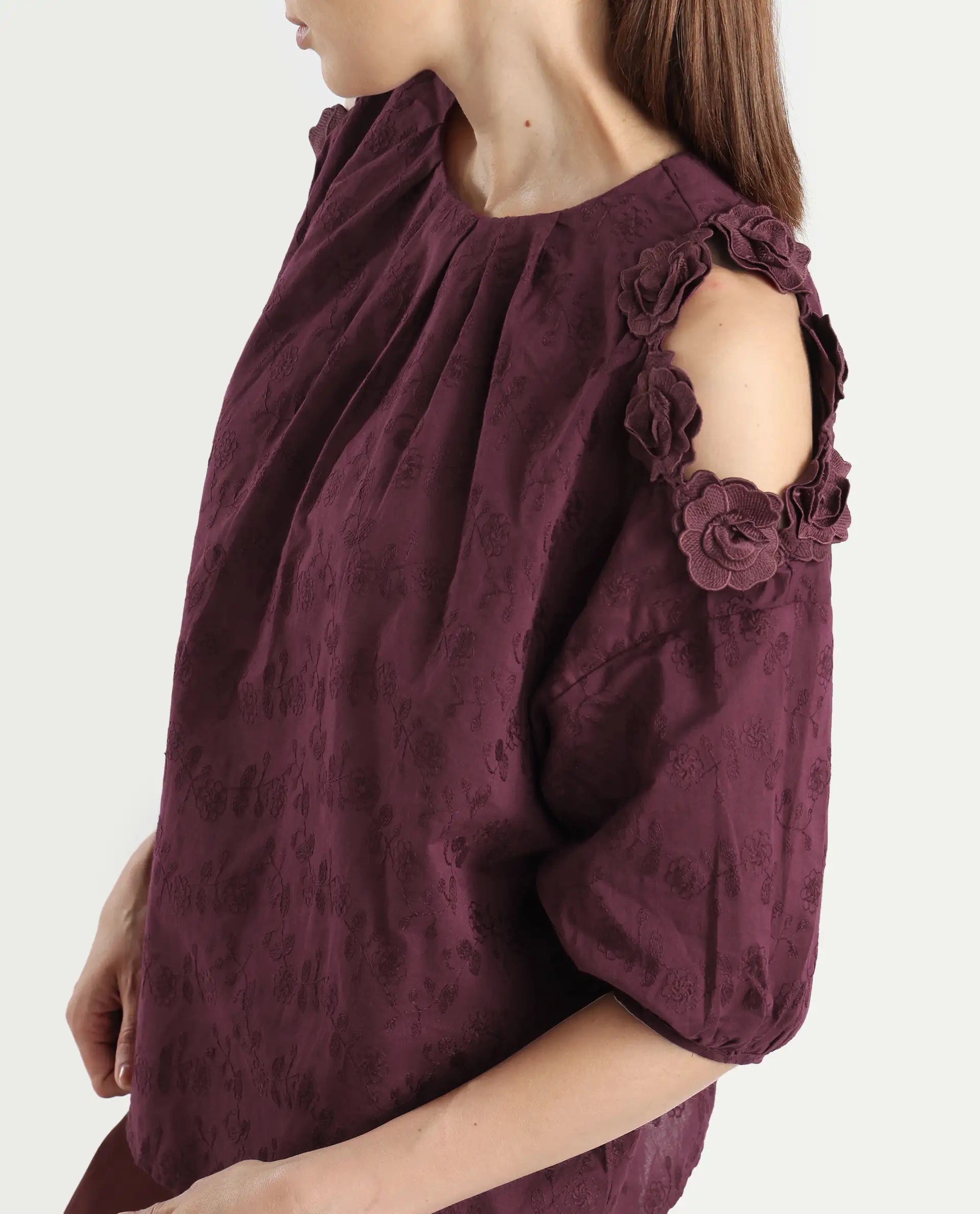 Rareism Women's Gips Red Cotton Crew Neck Plain Balloon Sleeve Relaxed Fit Top