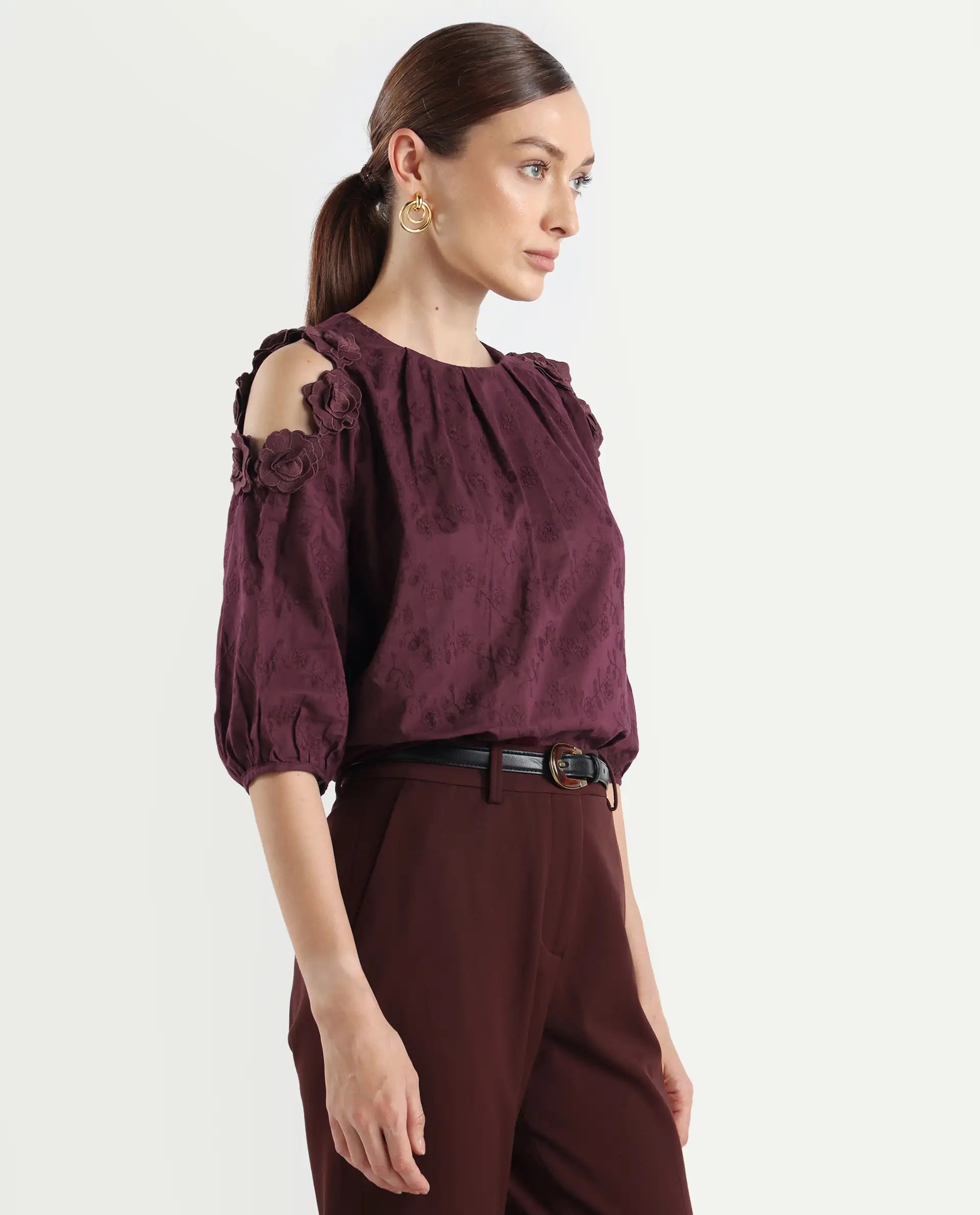 Rareism Women's Gips Red Cotton Crew Neck Plain Balloon Sleeve Relaxed Fit Top