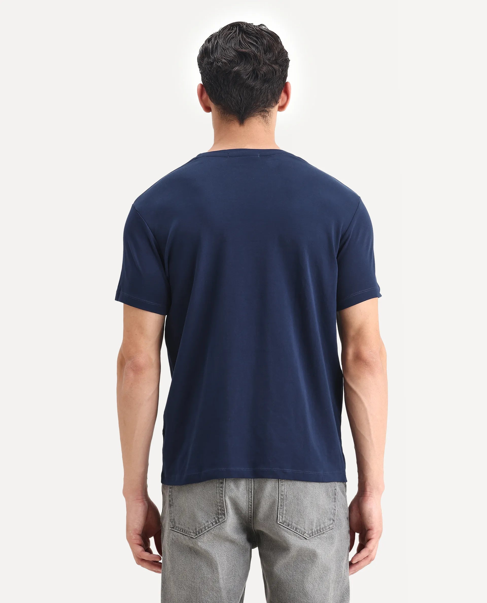 Rare Rabbit Men's Gis-1 Navy Cotton Plain Slim Fit Half Sleeve Crew Neck T-Shirt