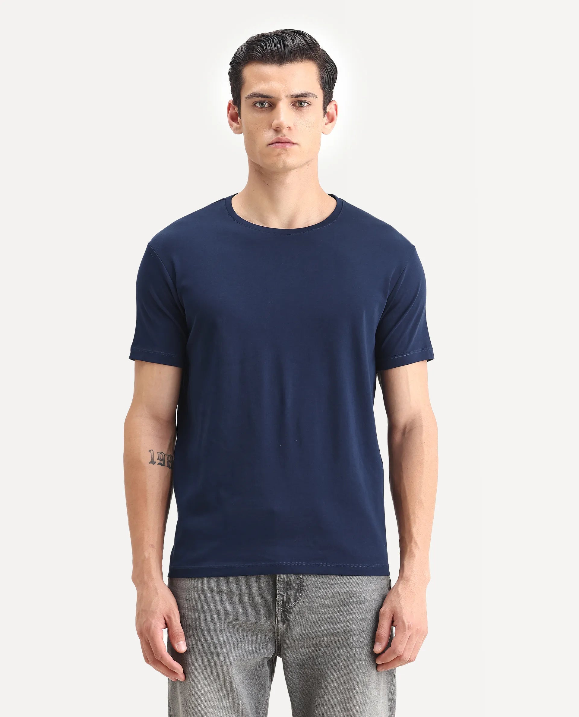 Rare Rabbit Men's Gis-1 Navy Cotton Plain Slim Fit Half Sleeve Crew Neck T-Shirt