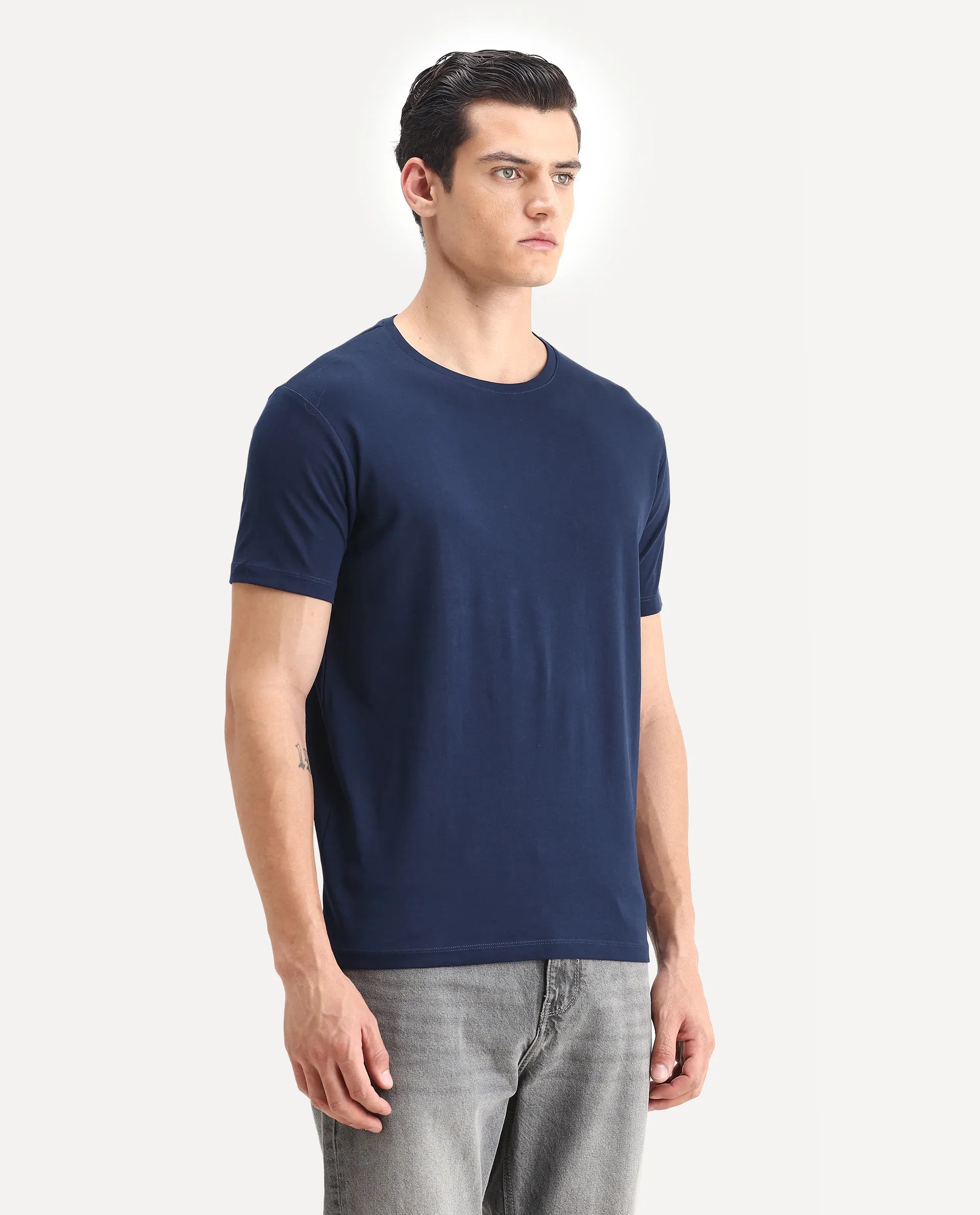 Rare Rabbit Men's Gis-1 Navy Cotton Plain Slim Fit Half Sleeve Crew Neck T-Shirt
