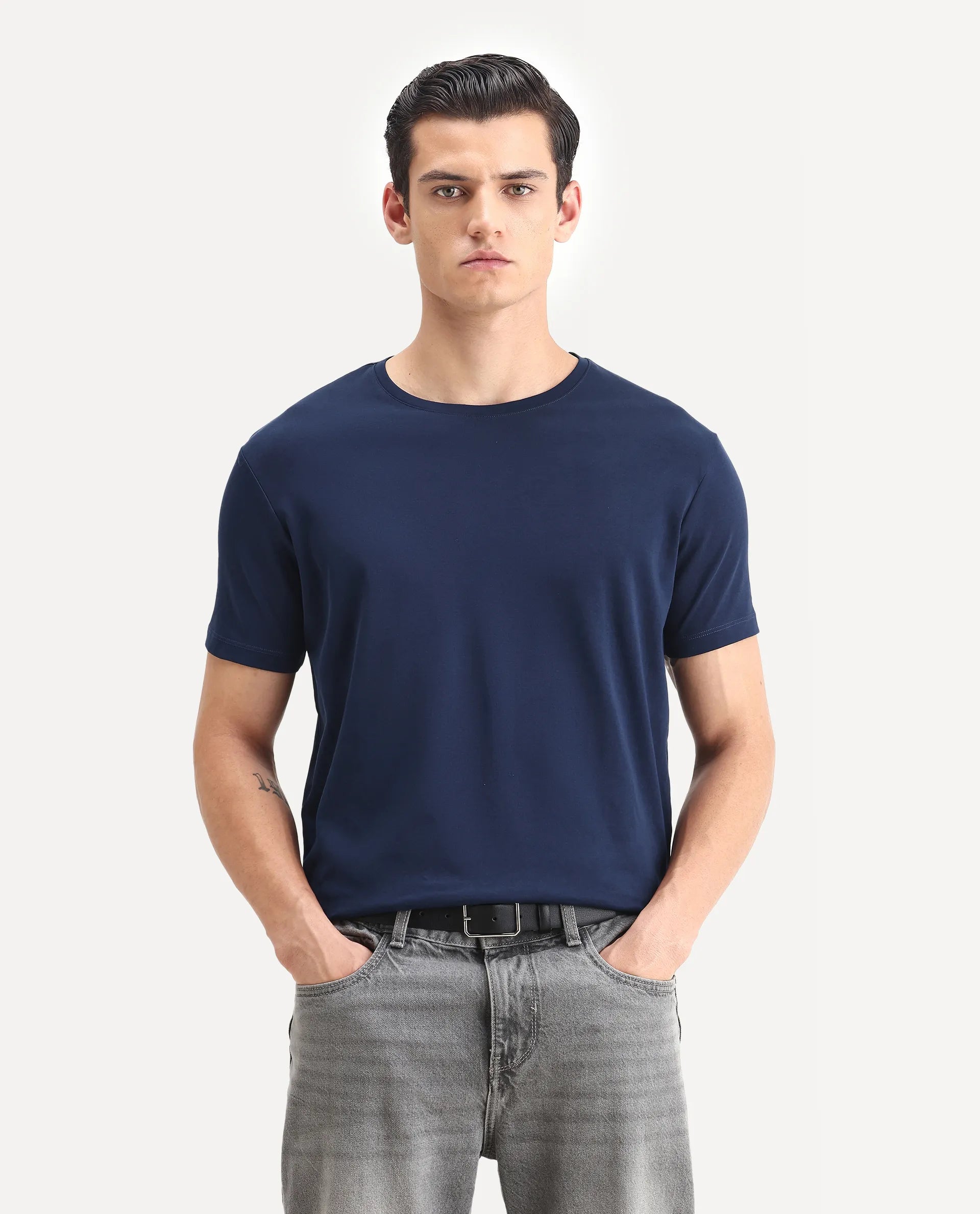 Rare Rabbit Men's Gis-1 Navy Cotton Plain Slim Fit Half Sleeve Crew Neck T-Shirt