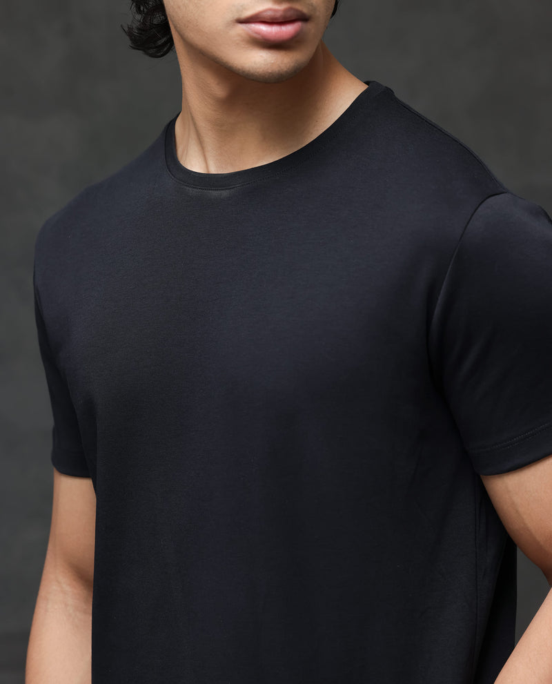 Rare Rabbit Men's Gis Black Cotton Fabric Crew Neck Half Sleeves Regular Fit Solid T-Shirt