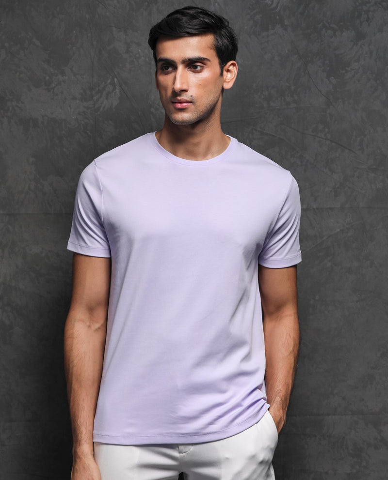 Rare Rabbit Men's Gis Pastel Purple Cotton Fabric Crew Neck Half Sleeves Regular Fit Solid T-Shirt