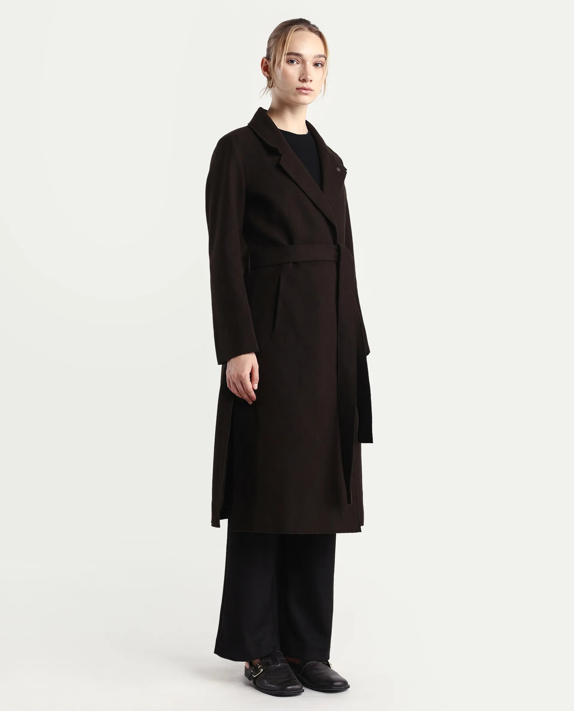 Rareism Women's Gisbory Olive Polyester Blend Lapel Collar Coat Plain Coat