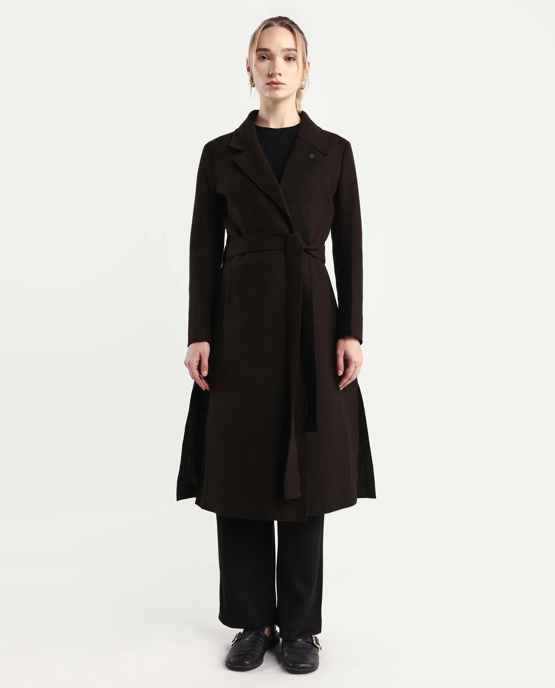 Rareism Women's Gisbory Olive Polyester Blend Lapel Collar Coat Plain Coat
