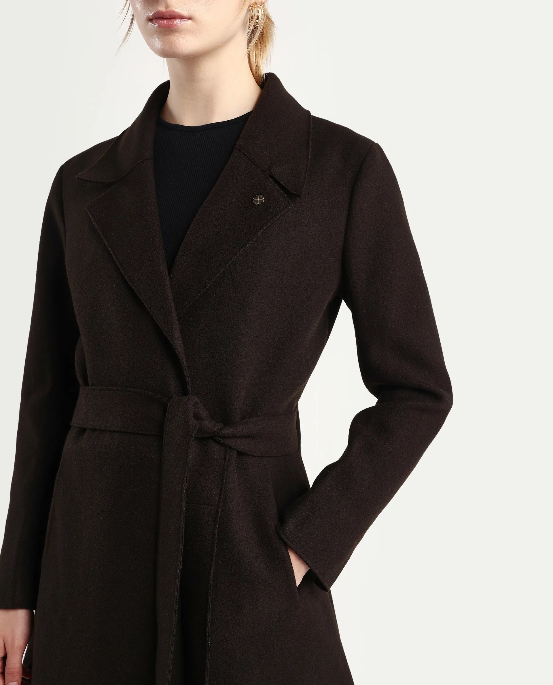 Rareism Women's Gisbory Olive Polyester Blend Lapel Collar Coat Plain Coat