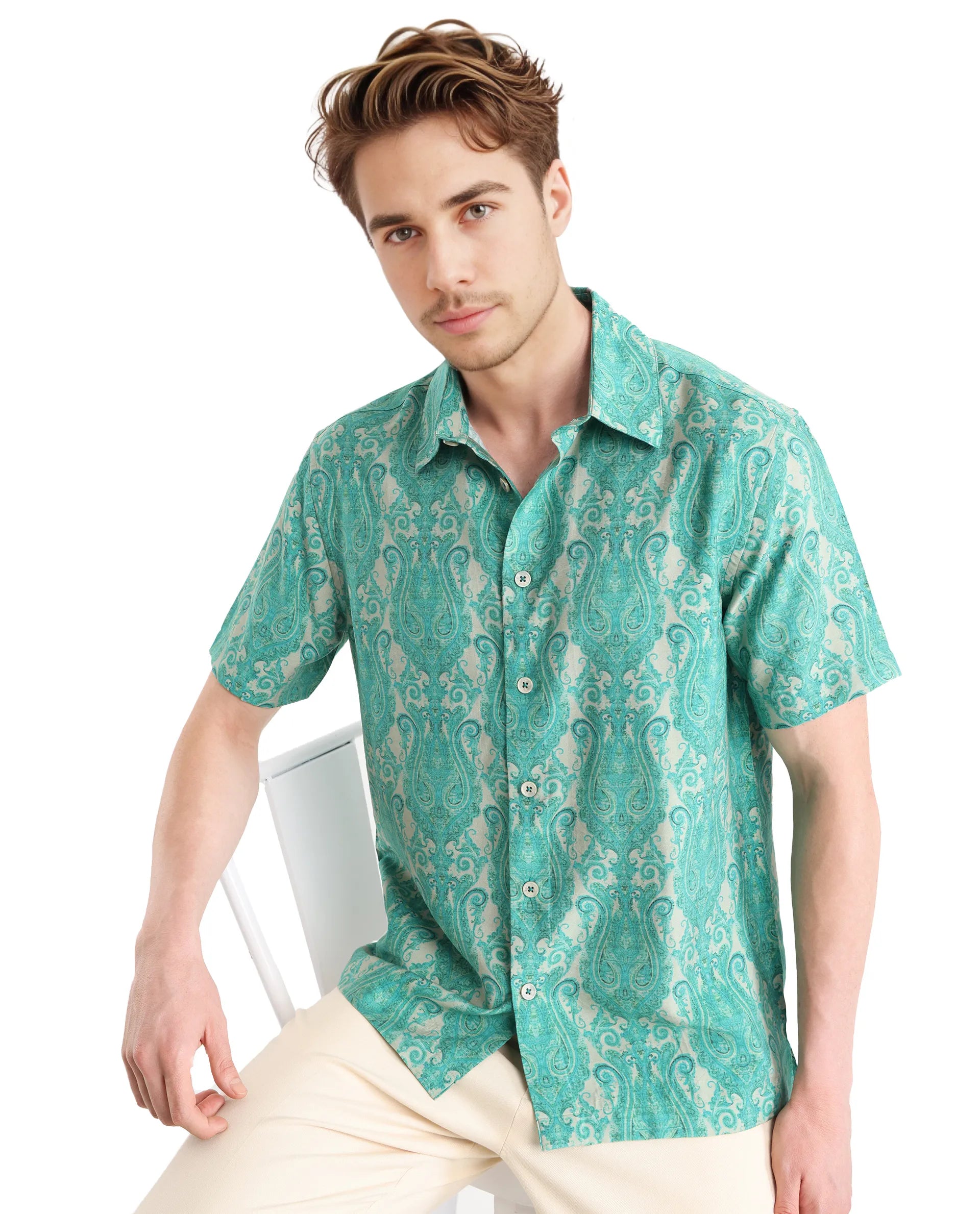 Rare Rabbit Men Gisda Green Short Sleeve Regular Collar Button Closure Regular Fit Paisley Printed Shirt