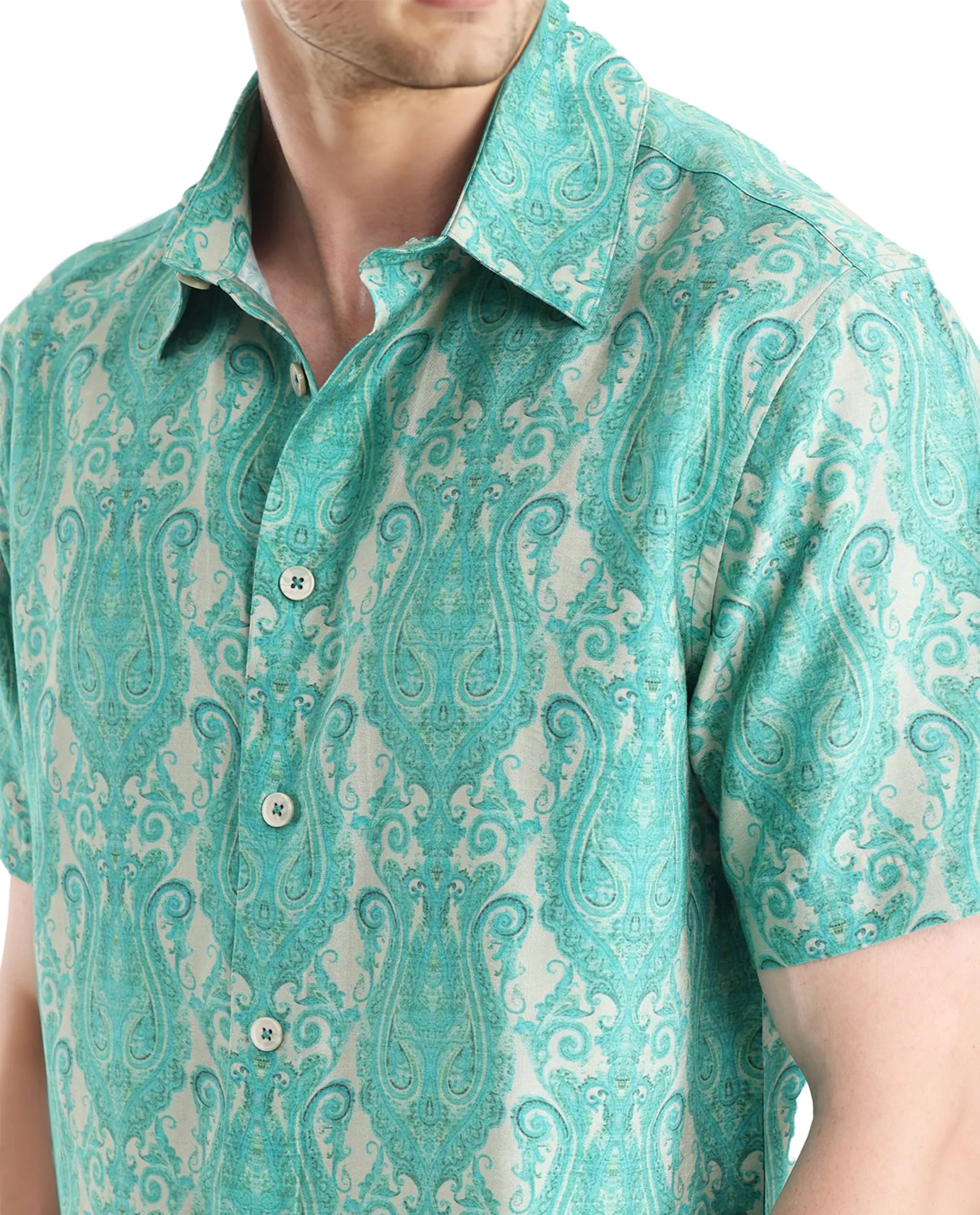 Rare Rabbit Men Gisda Green Short Sleeve Regular Collar Button Closure Regular Fit Paisley Printed Shirt