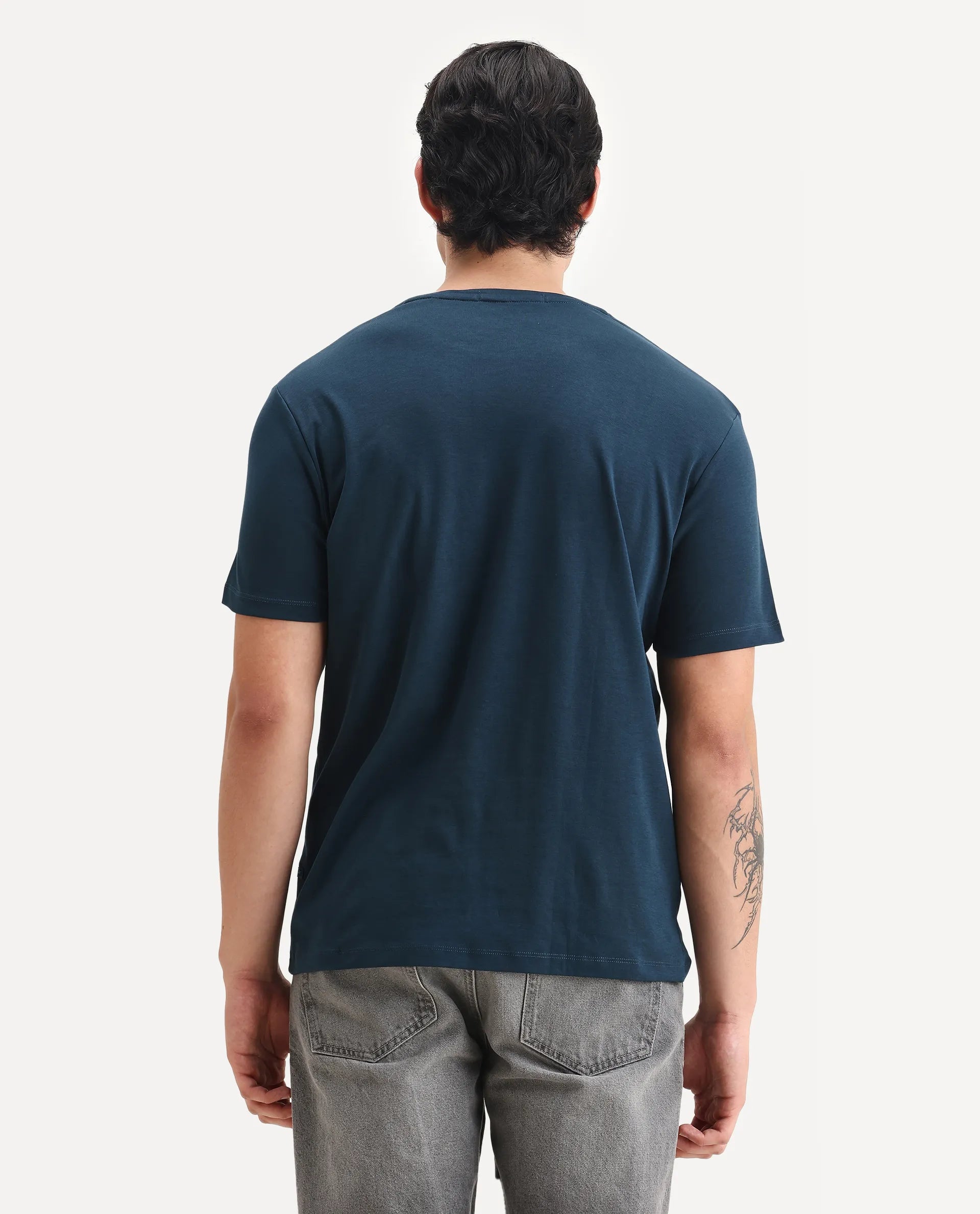 Rare Rabbit Men's Gis Petrol Cotton Plain Regular Fit Half Sleeve Crew Neck T-Shirt