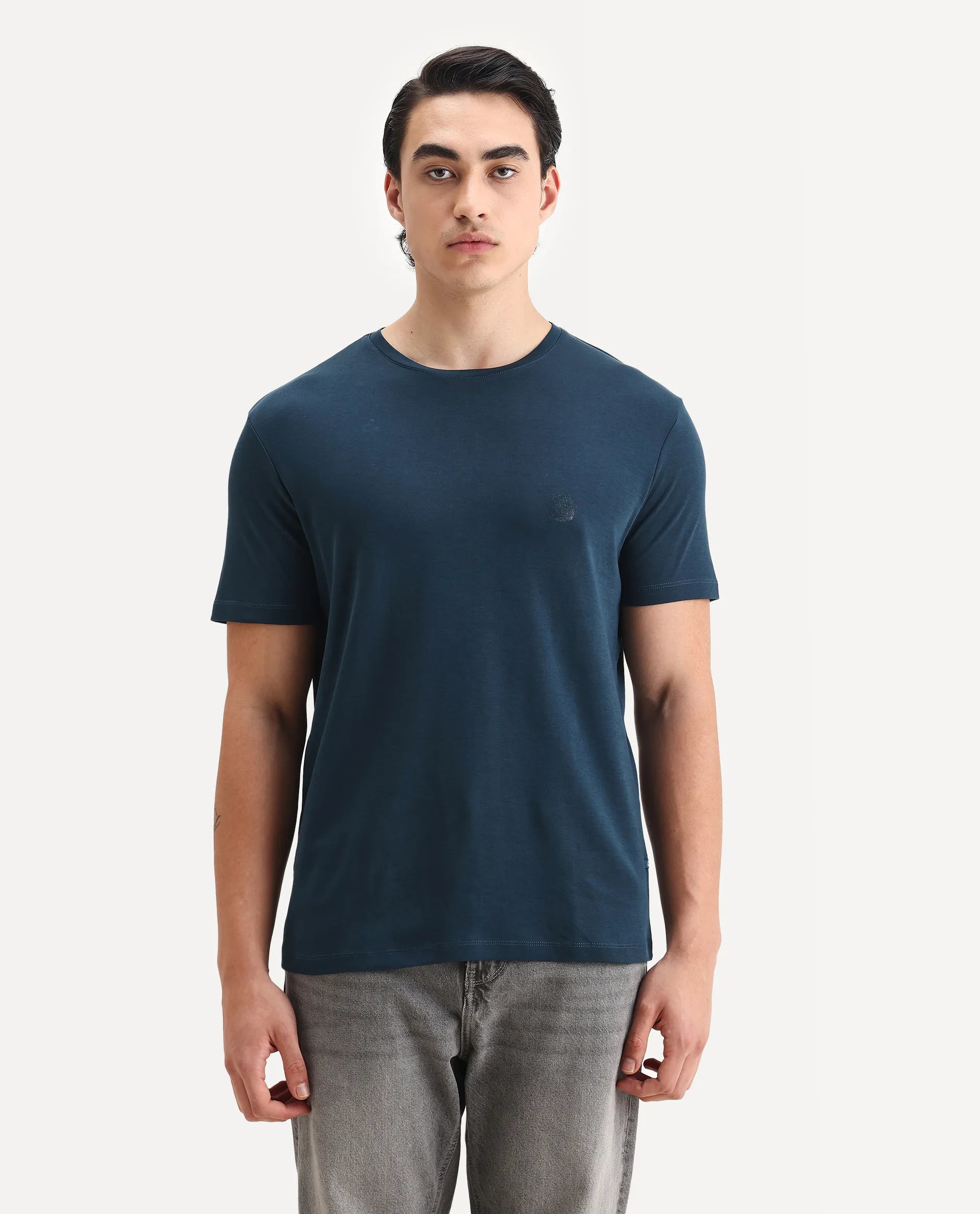 Rare Rabbit Men's Gis Petrol Cotton Plain Regular Fit Half Sleeve Crew Neck T-Shirt