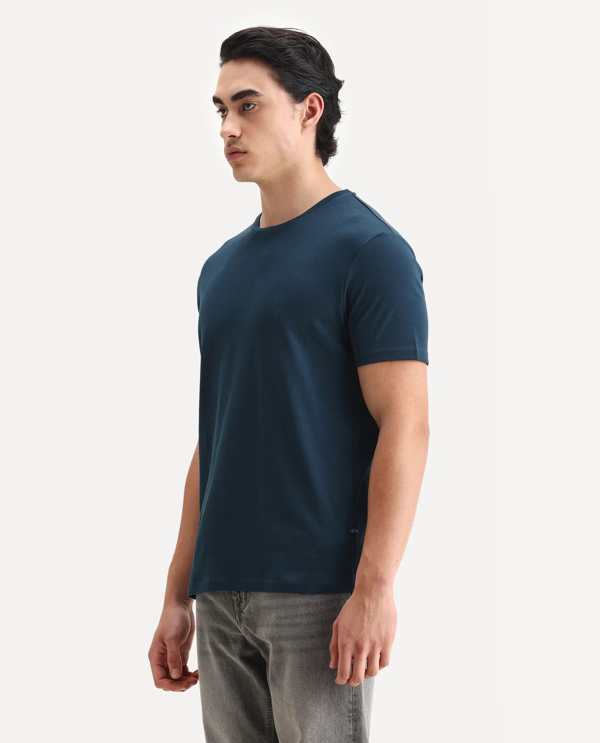 Rare Rabbit Men's Gis Petrol Cotton Plain Regular Fit Half Sleeve Crew Neck T-Shirt