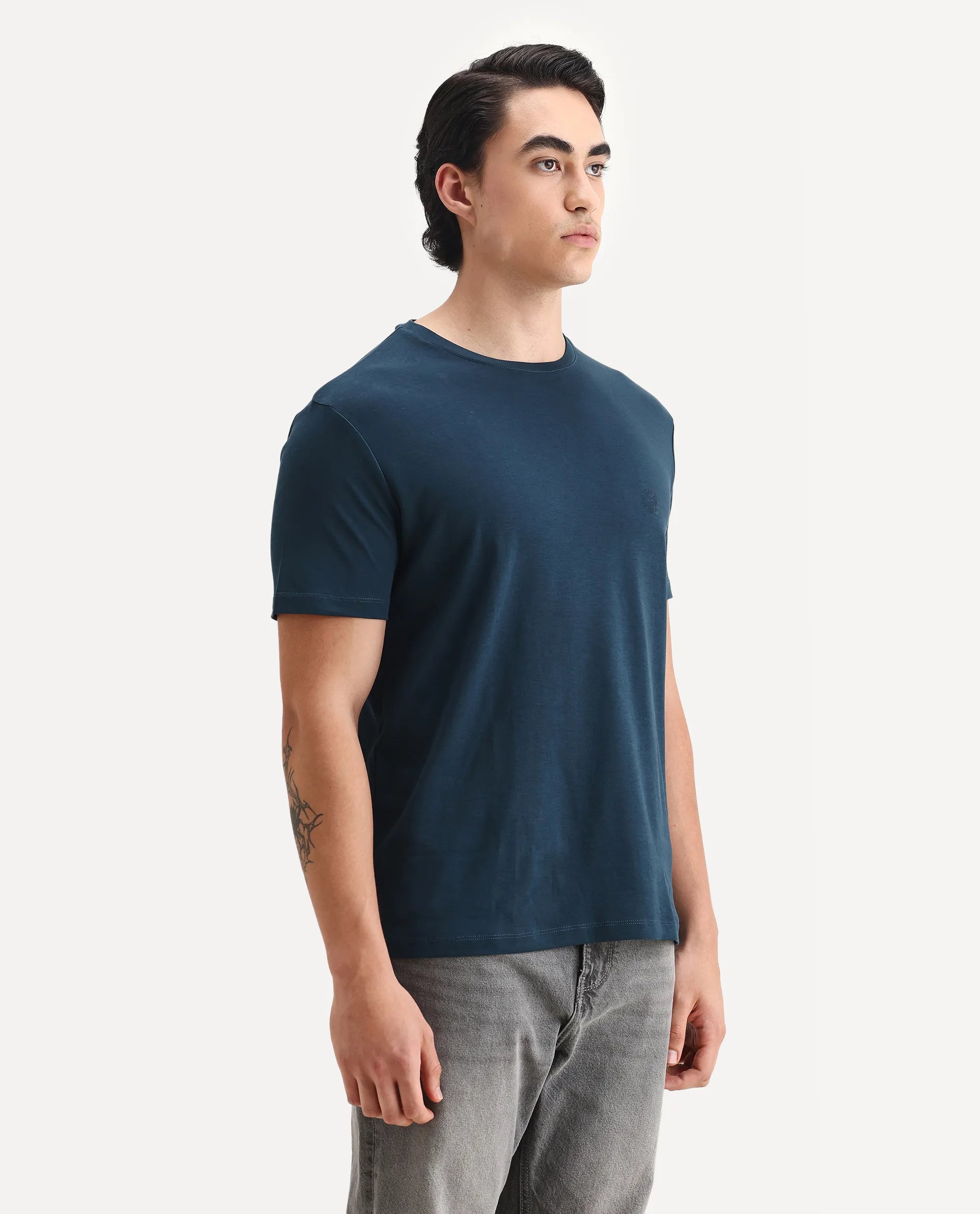 Rare Rabbit Men's Gis Petrol Cotton Plain Regular Fit Half Sleeve Crew Neck T-Shirt