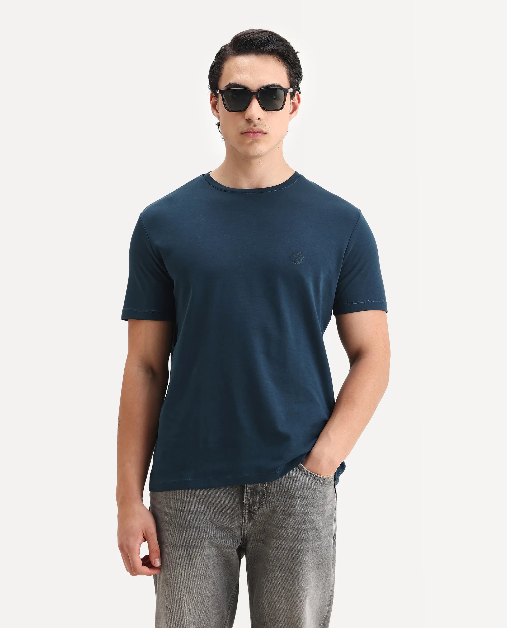 Rare Rabbit Men's Gis Petrol Cotton Plain Regular Fit Half Sleeve Crew Neck T-Shirt