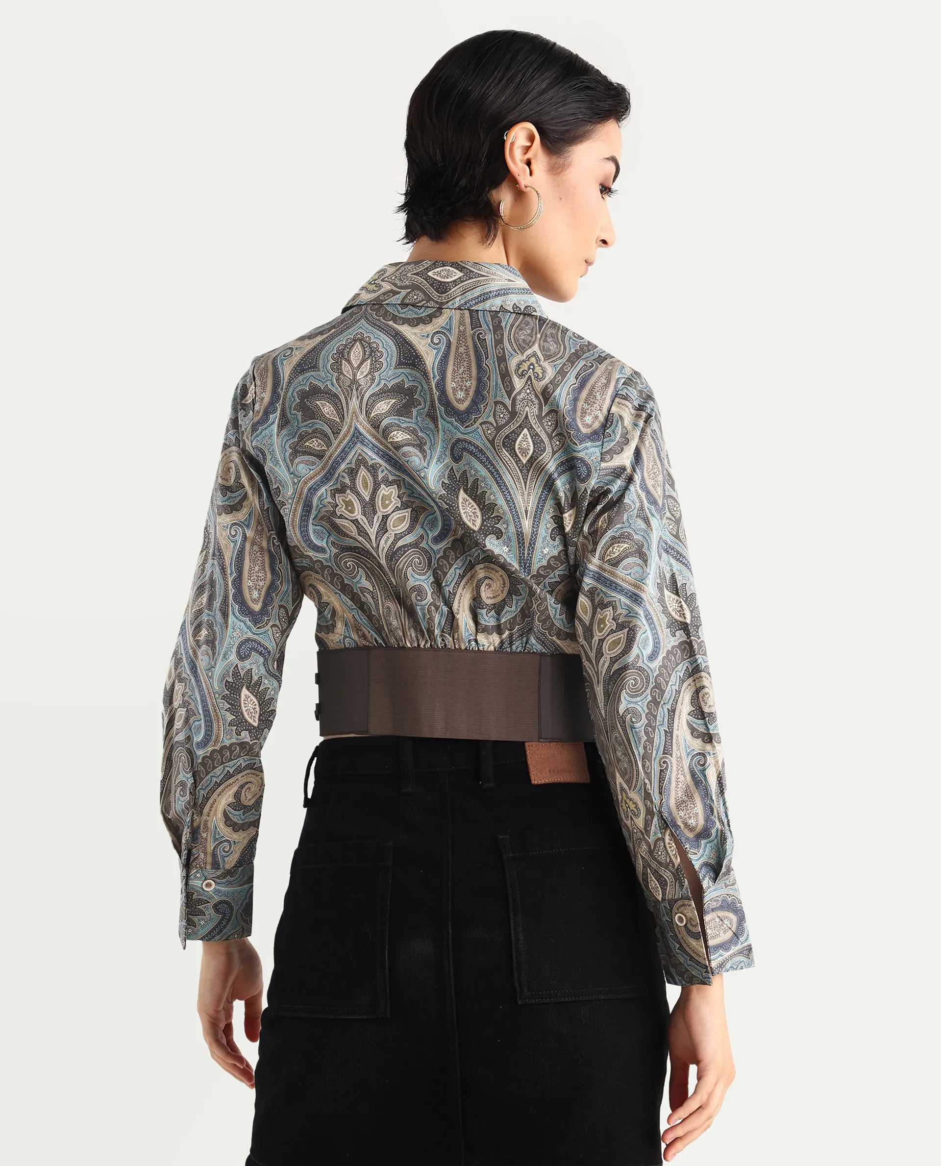 Rareism Women's Gister Multi Cotton Drop Collar Paisley Print Cuffed Sleeve Crop Regular Fit Shirt