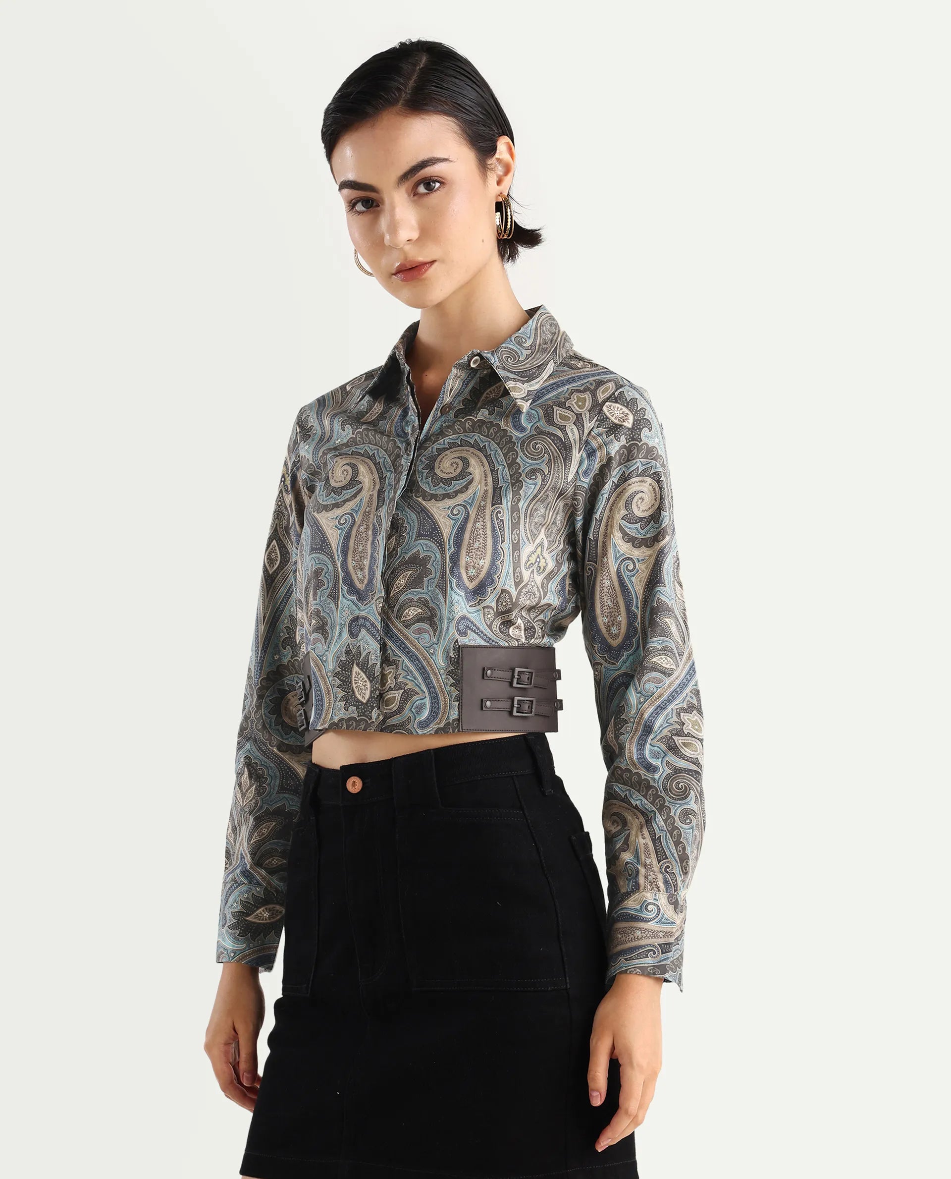 Rareism Women's Gister Multi Cotton Drop Collar Paisley Print Cuffed Sleeve Crop Regular Fit Shirt