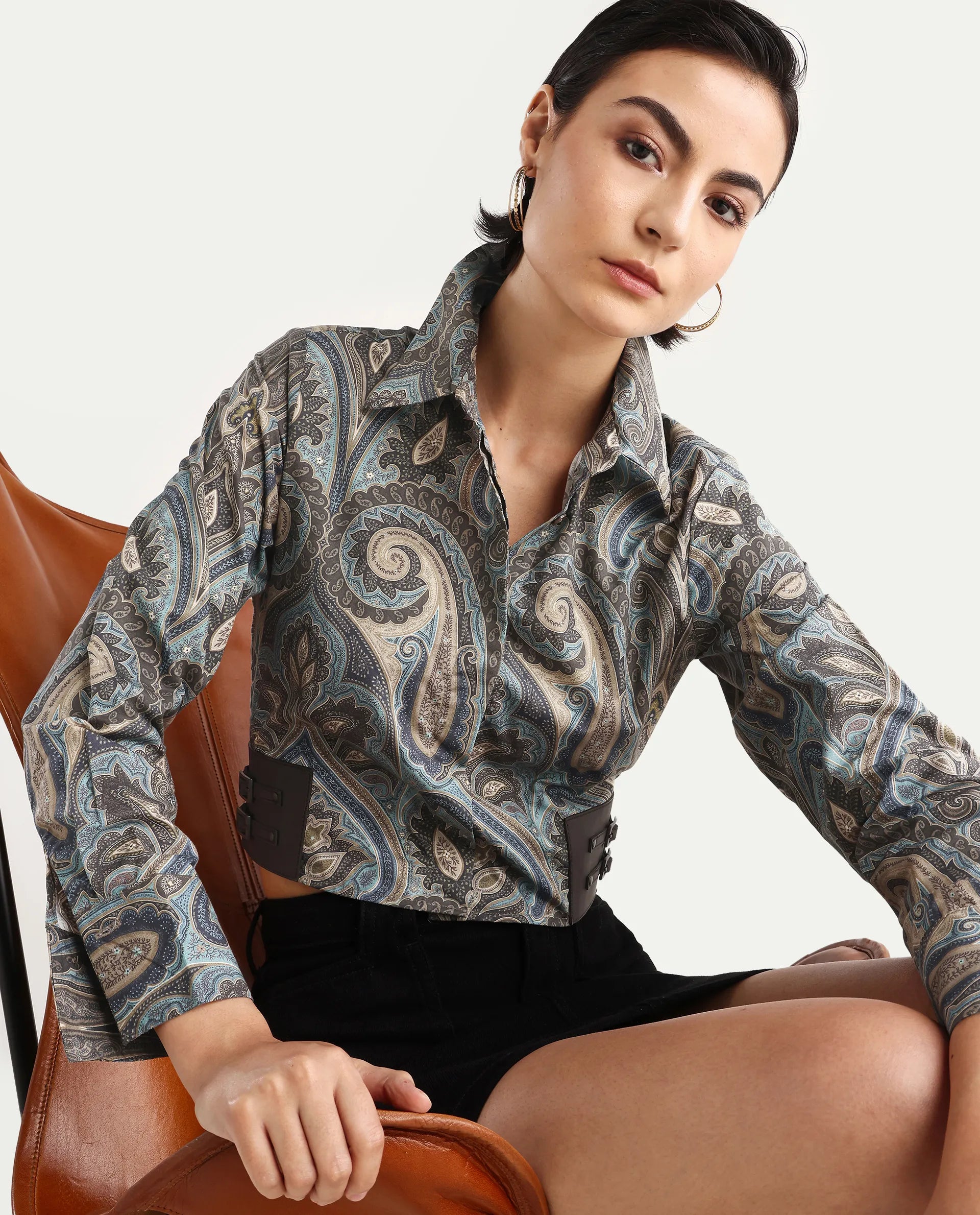 Rareism Women's Gister Multi Cotton Drop Collar Paisley Print Cuffed Sleeve Crop Regular Fit Shirt
