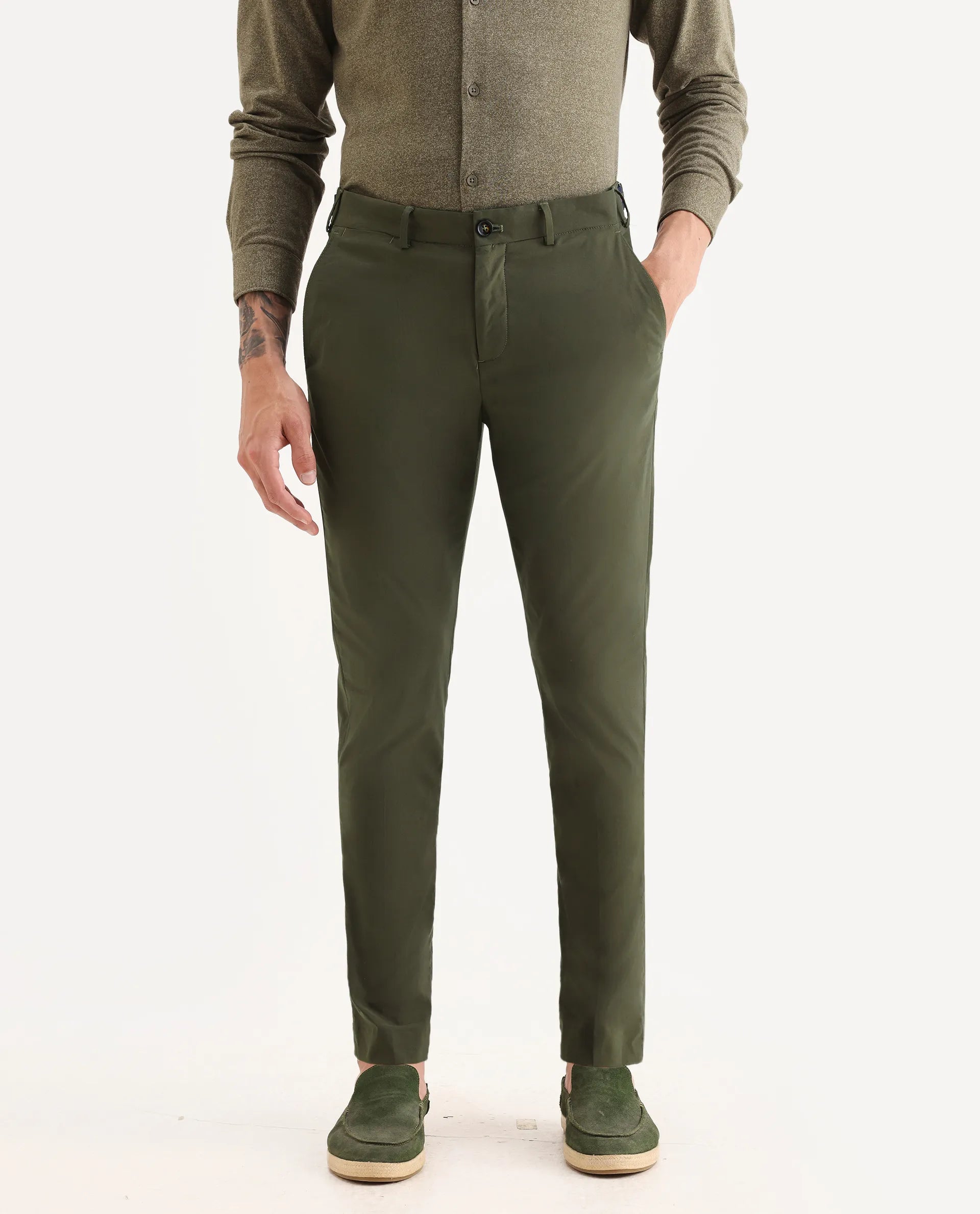 Rare Rabbit Men's Glak Olive Viscose Plain Slim Fit Trouser