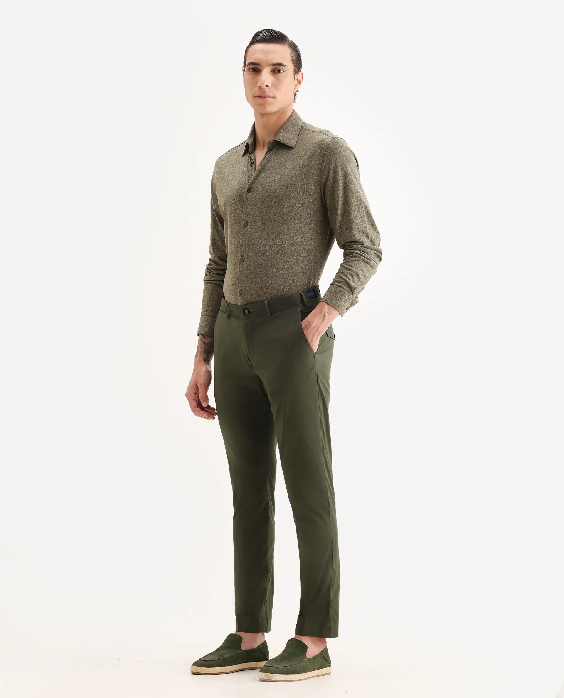 Rare Rabbit Men's Glak Olive Viscose Plain Slim Fit Trouser