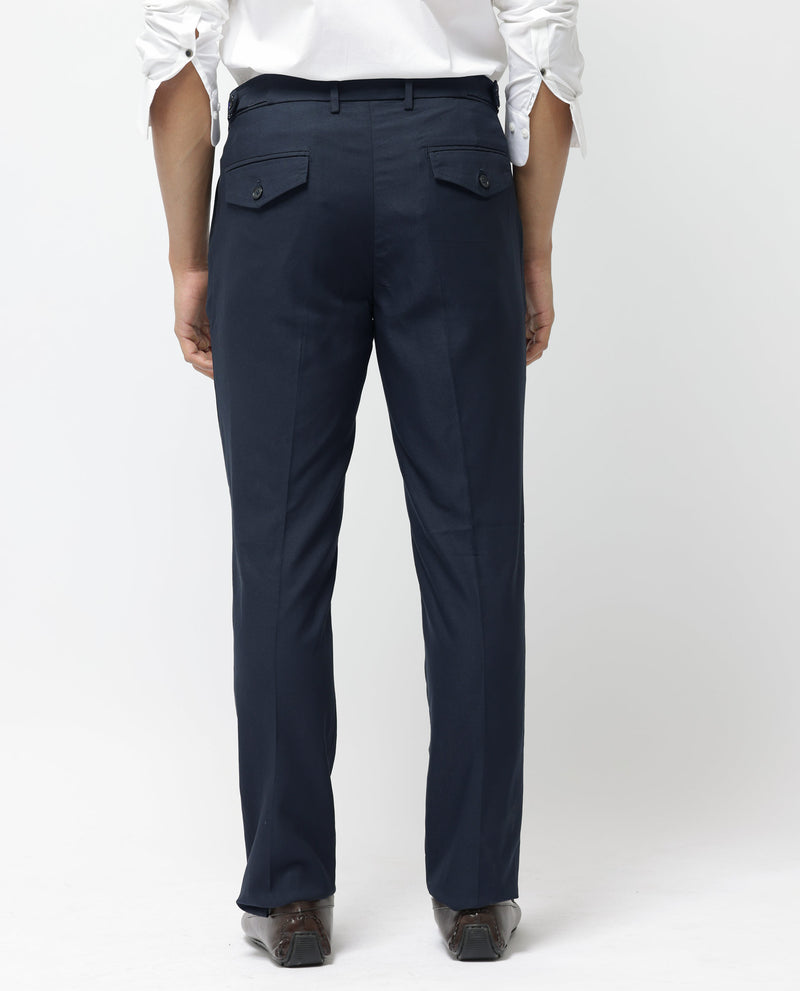 Rare Rabbit Men's Glade-1 Navy Solid Mid-Rise Slim Fit Trousers