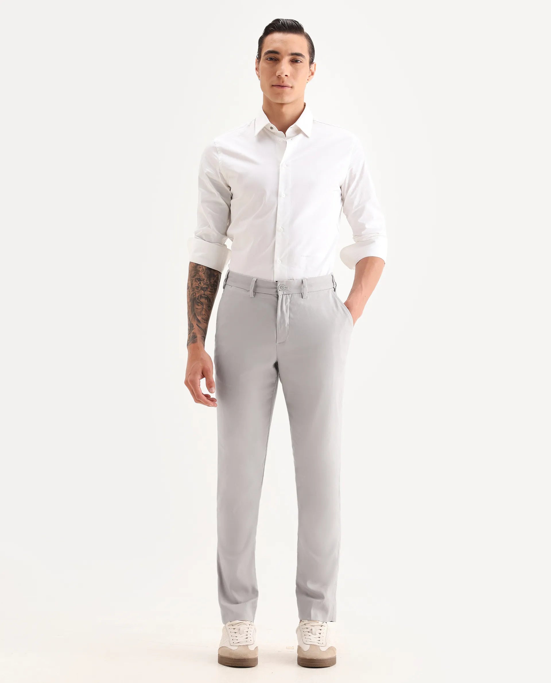 Rare Rabbit Men's Glade 1 Beige Polyester Plain Regular Fit Trouser