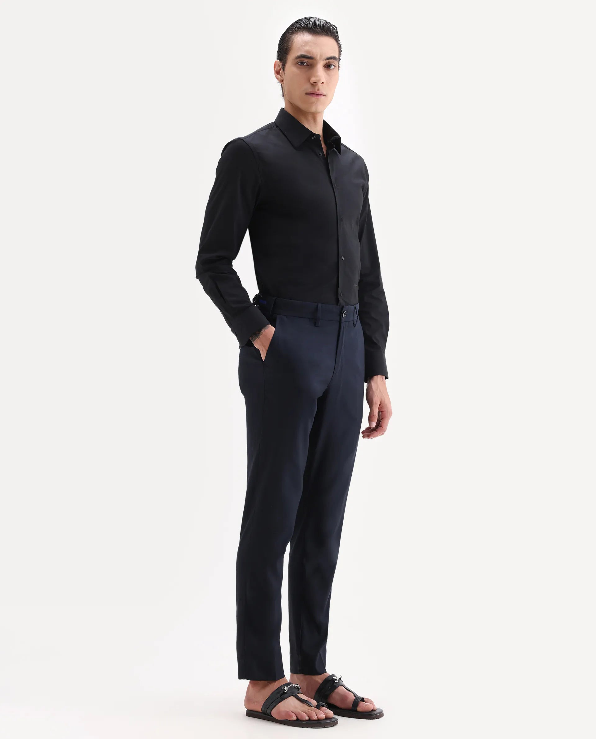 Rare Rabbit Men's Glade 1 Navy Polyester Plain Regular Fit Trouser