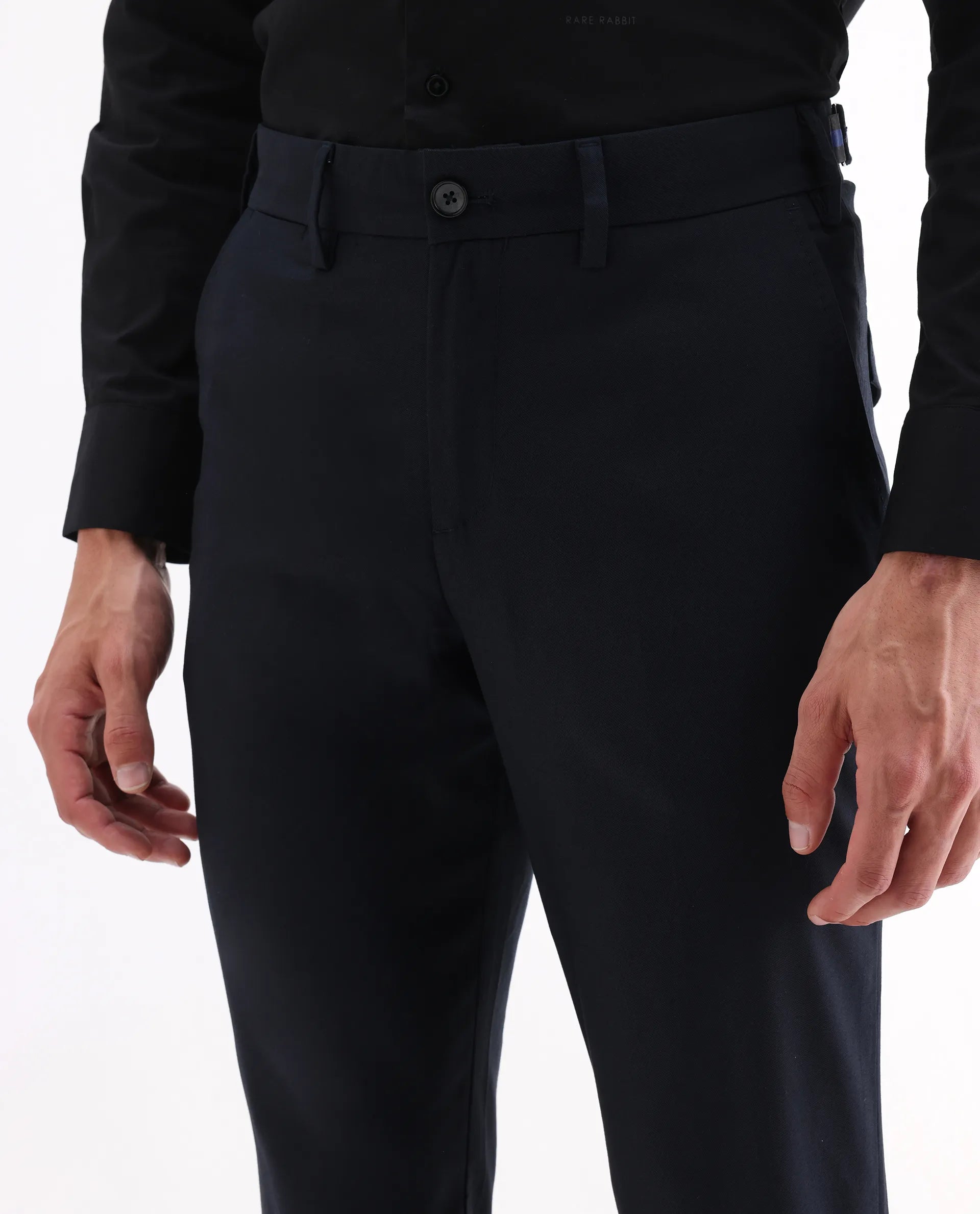 Rare Rabbit Men's Glade 1 Navy Polyester Plain Regular Fit Trouser