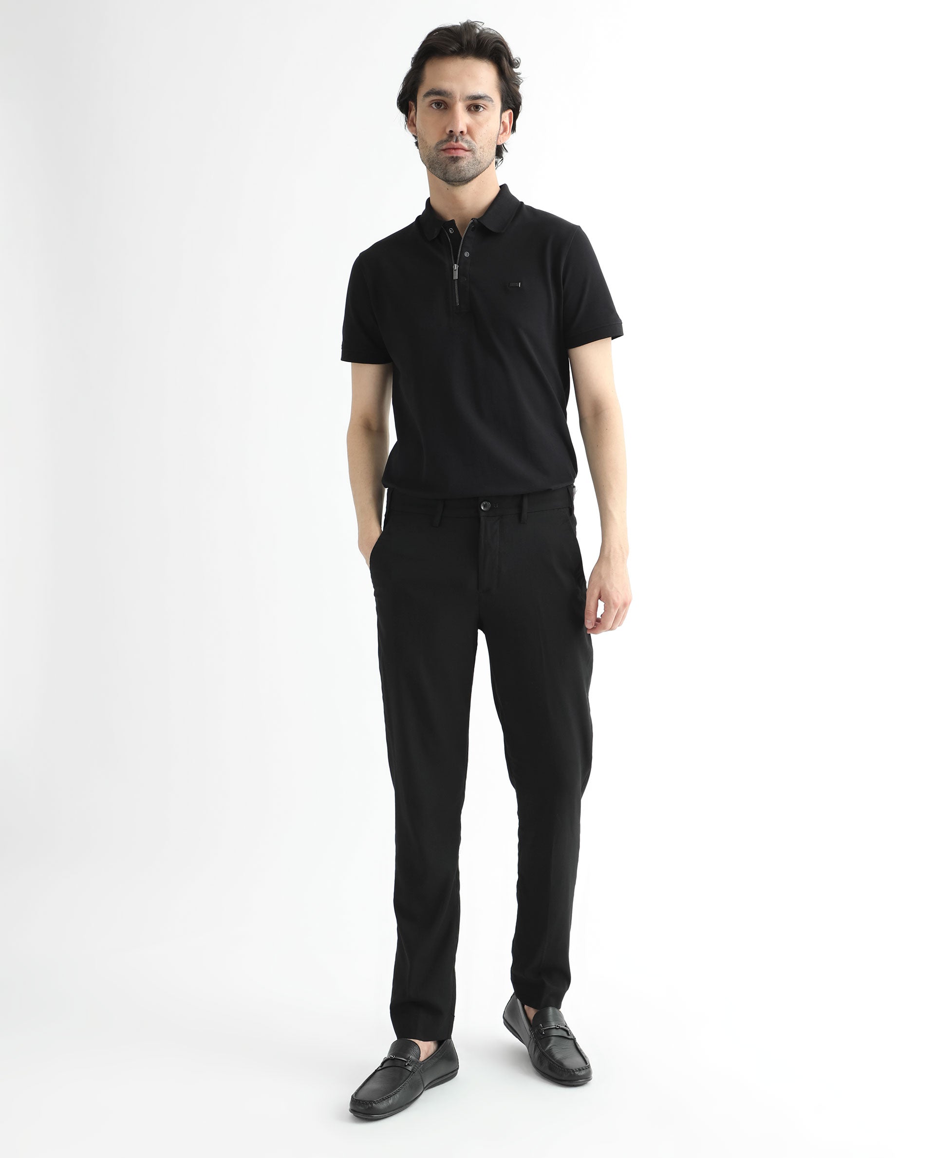 Rare Rabbit Men's Glade Black Solid Mid-Rise Slim Fit Trousers