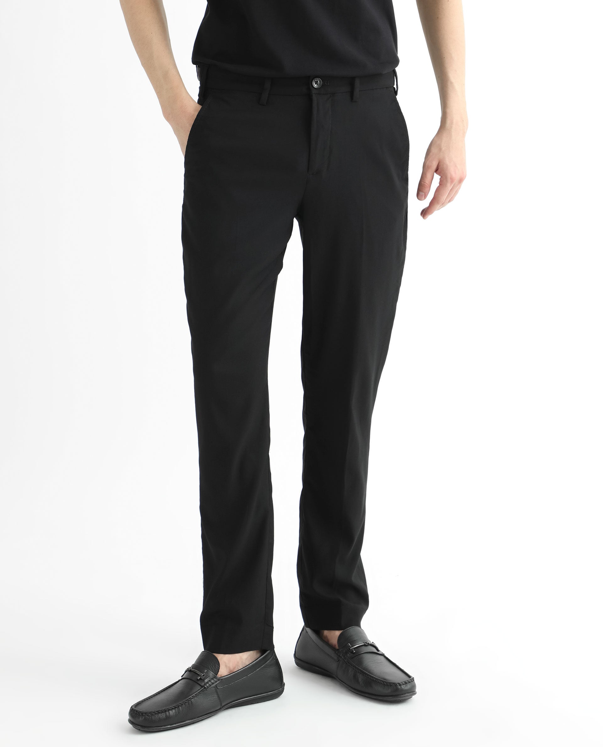 Rare Rabbit Men's Glade Black Solid Mid-Rise Slim Fit Trousers