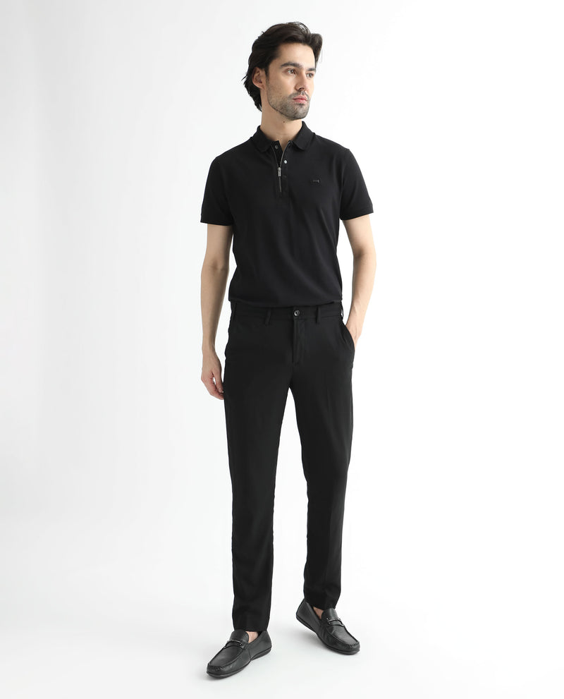 Rare Rabbit Men's Glade Black Solid Mid-Rise Slim Fit Trousers