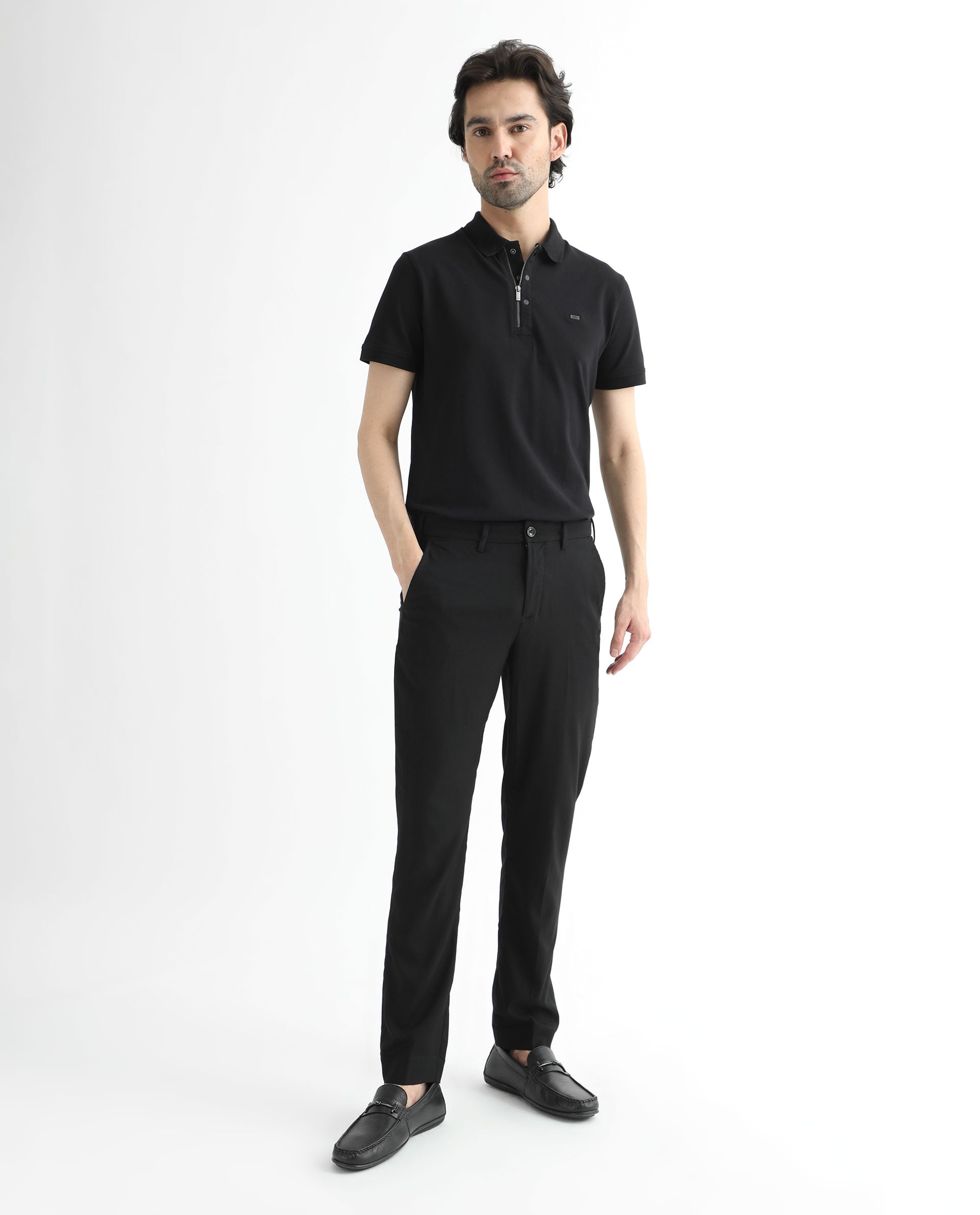 Rare Rabbit Men's Glade Black Solid Mid-Rise Slim Fit Trousers