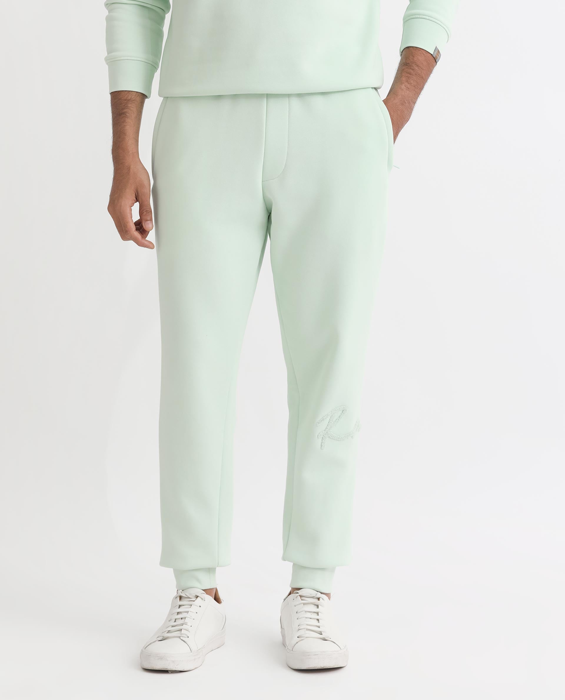 Rare Rabbit Mens Glame Light Green Cotton Polyester Fabric Drawstring Closure Regular Fit Mid Rise Trackpant