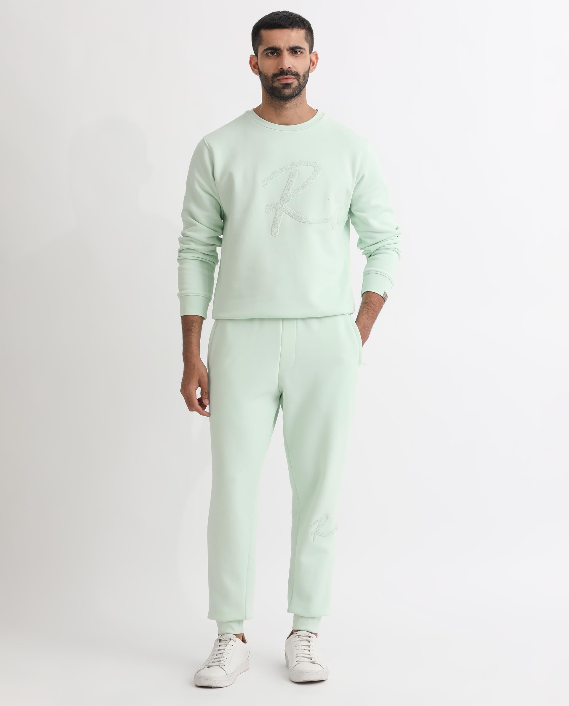 Rare Rabbit Mens Glame Light Green Cotton Polyester Fabric Drawstring Closure Regular Fit Mid Rise Trackpant