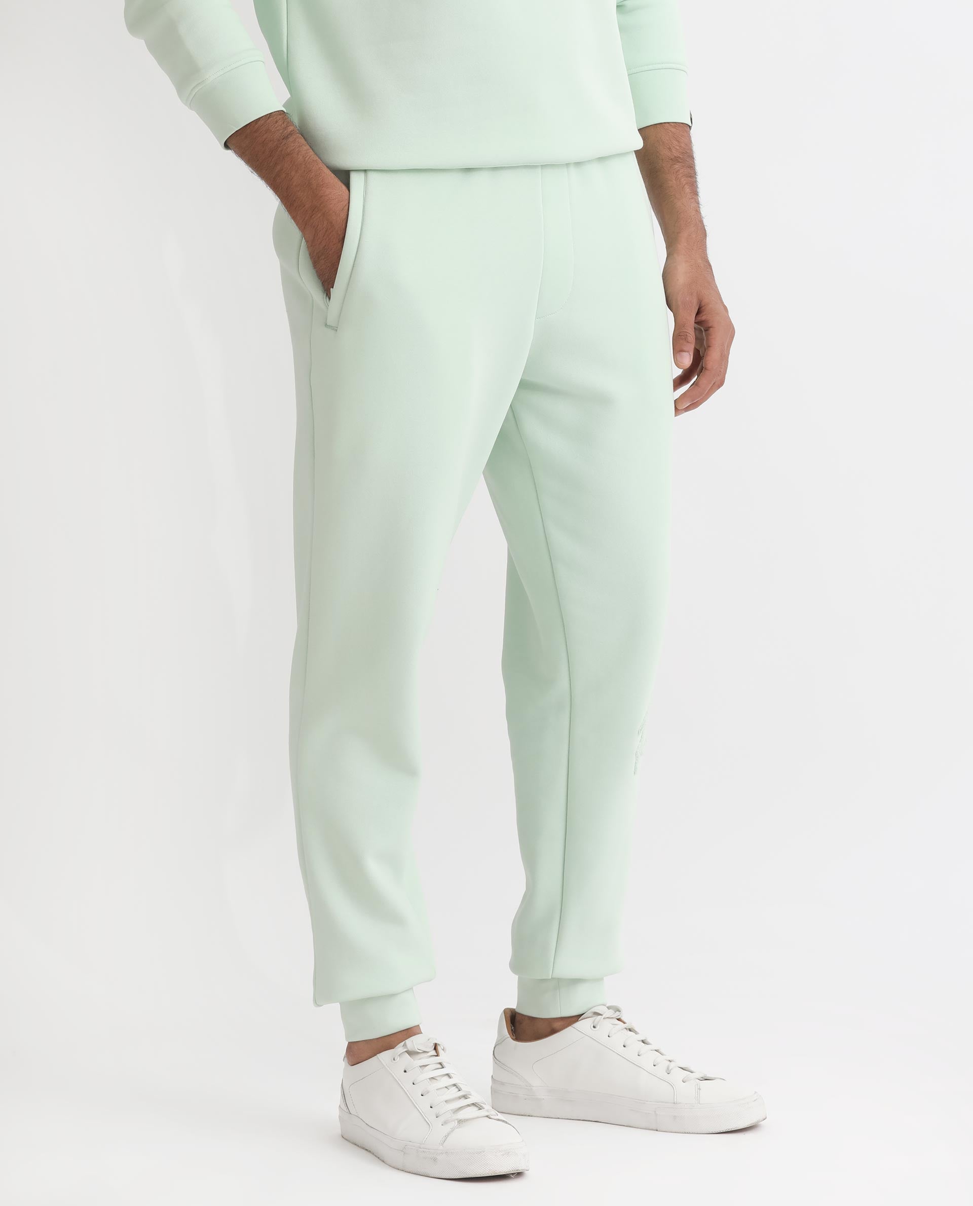 Rare Rabbit Mens Glame Light Green Cotton Polyester Fabric Drawstring Closure Regular Fit Mid Rise Trackpant