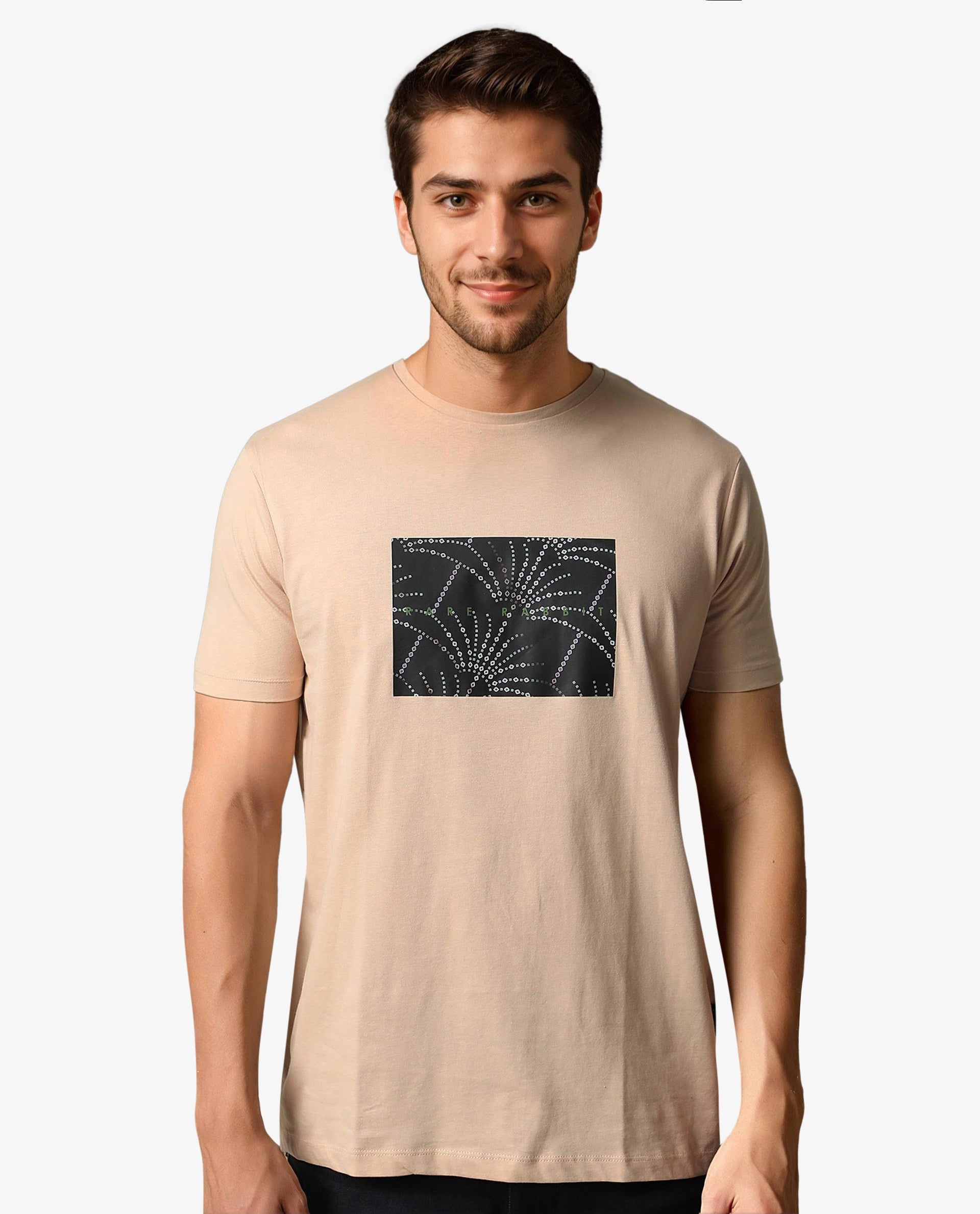 Rare Rabbit Men's Glams Beige Crew Neck Abstract Graphic Logo Printed T-Shirt