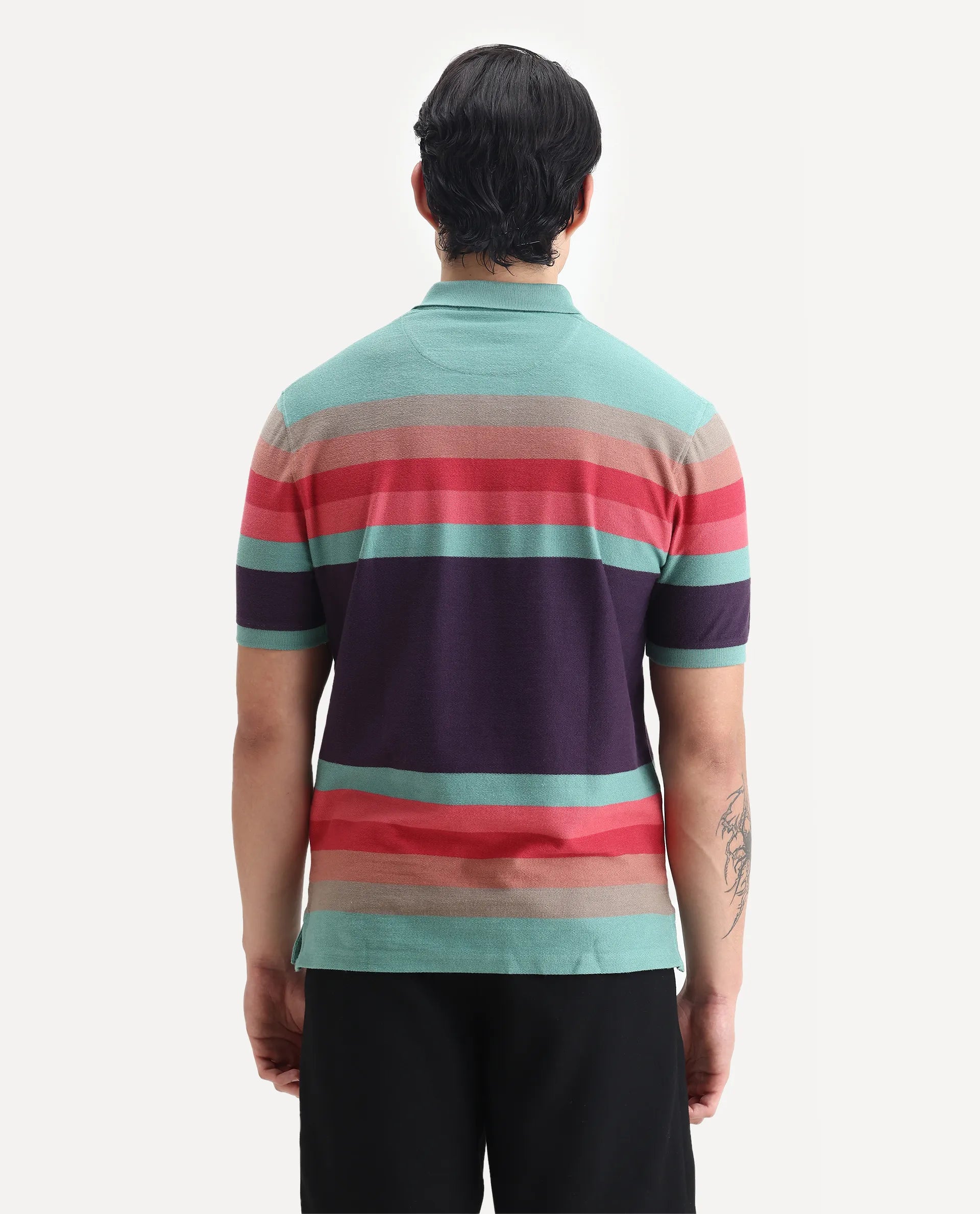 Rare Rabbit Men's Glasglow Green Cotton Striped Print Regular Fit Half Sleeve Polo