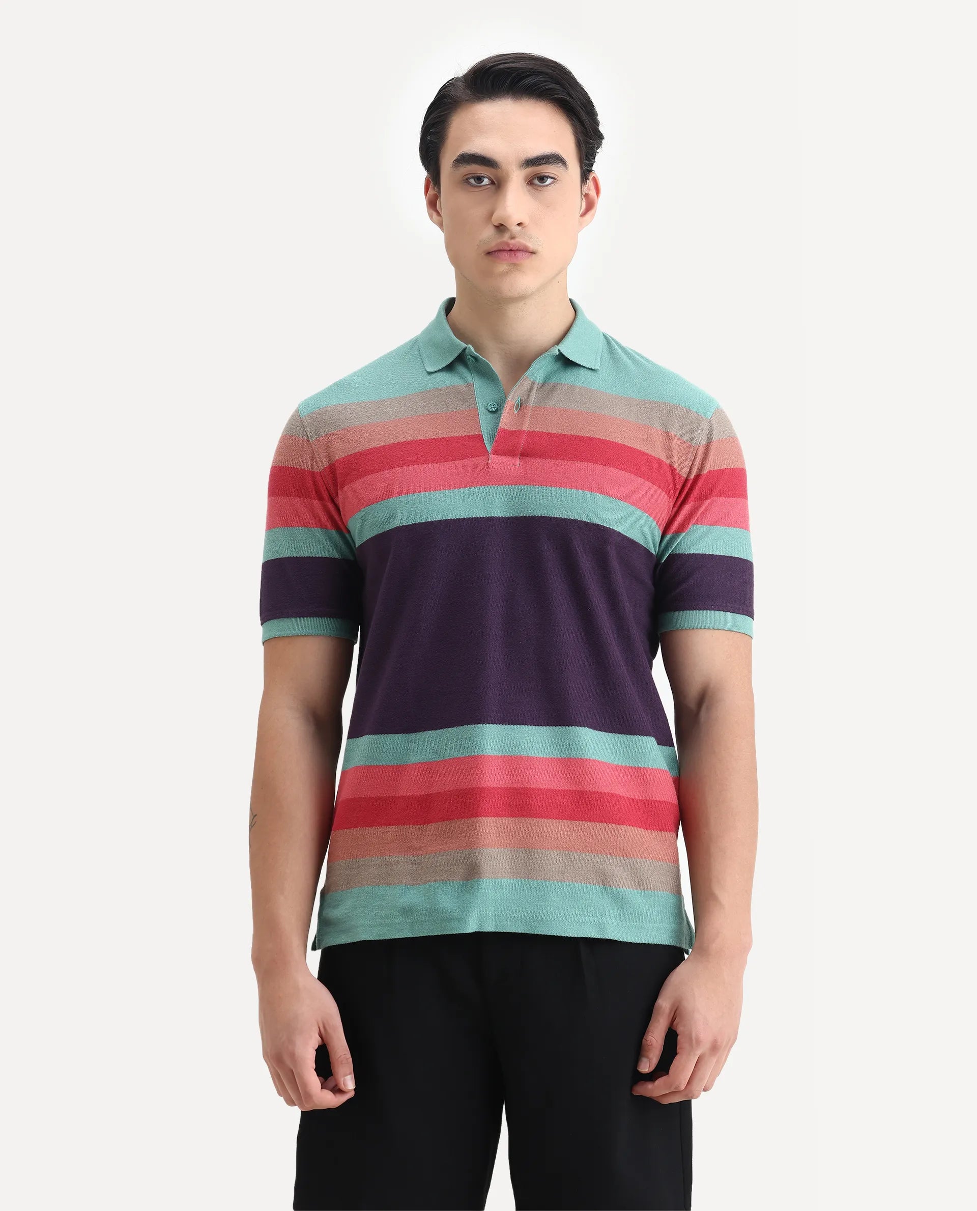 Rare Rabbit Men's Glasglow Green Cotton Striped Print Regular Fit Half Sleeve Polo